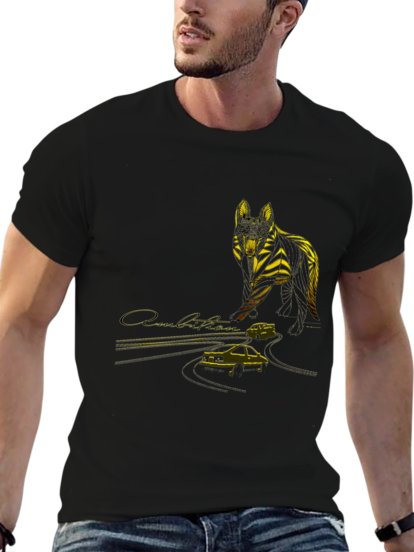 Wolf & Car Graphic T-Shirt - Stylish Black Tee
