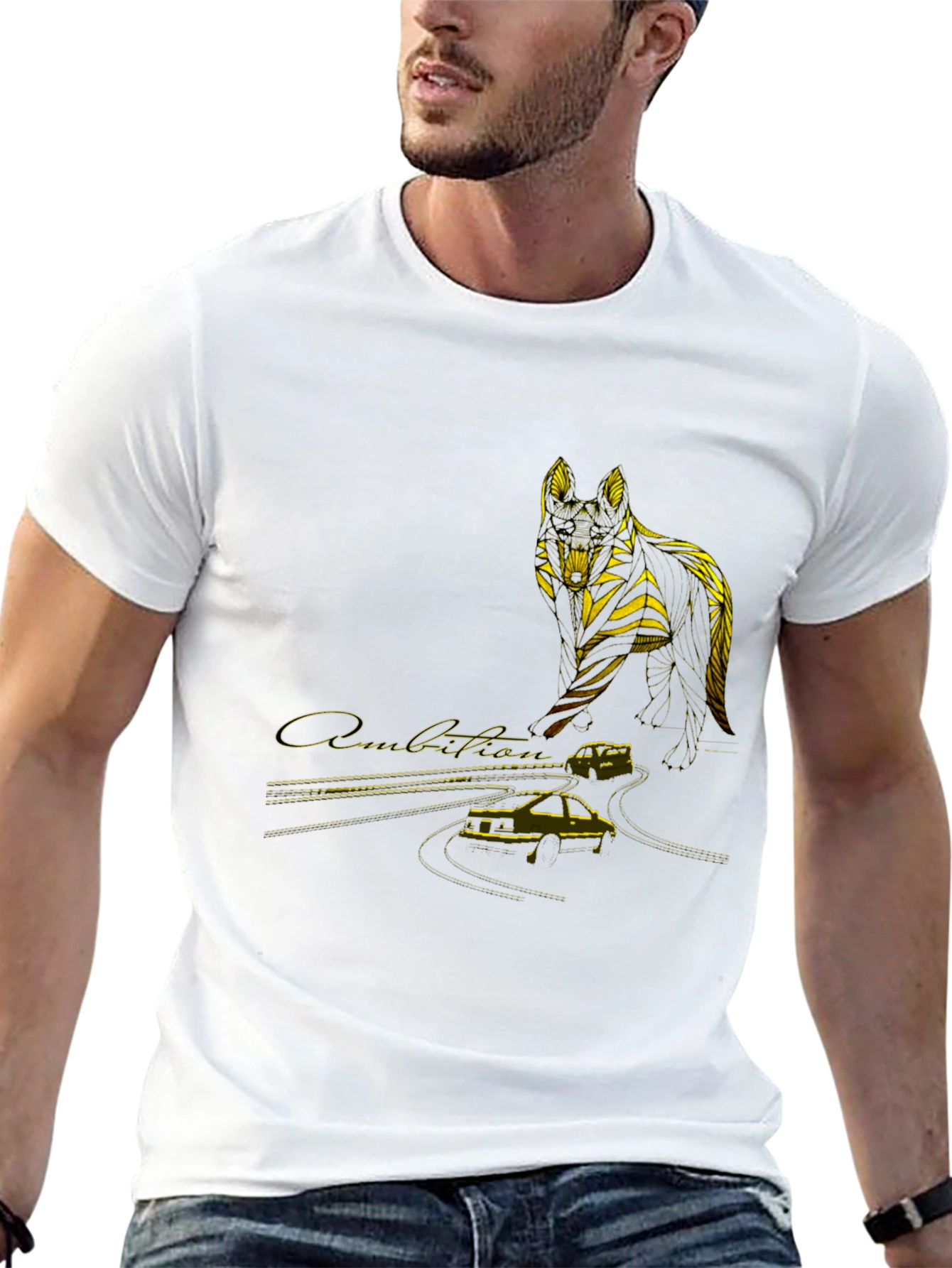 Wolf & Car Graphic T-Shirt - Stylish Black Tee