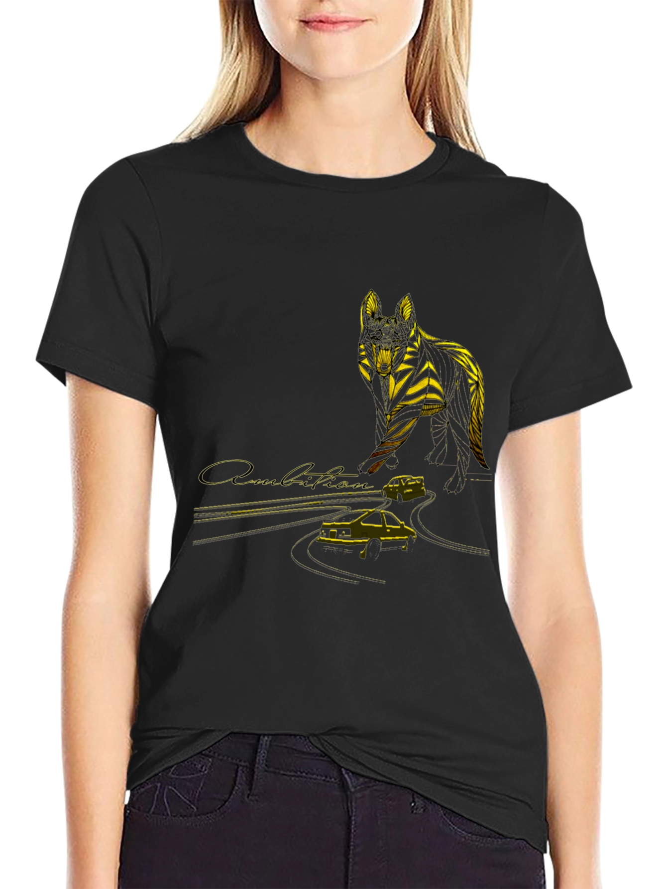 Wolf & Car Graphic T-Shirt - Stylish Black Tee