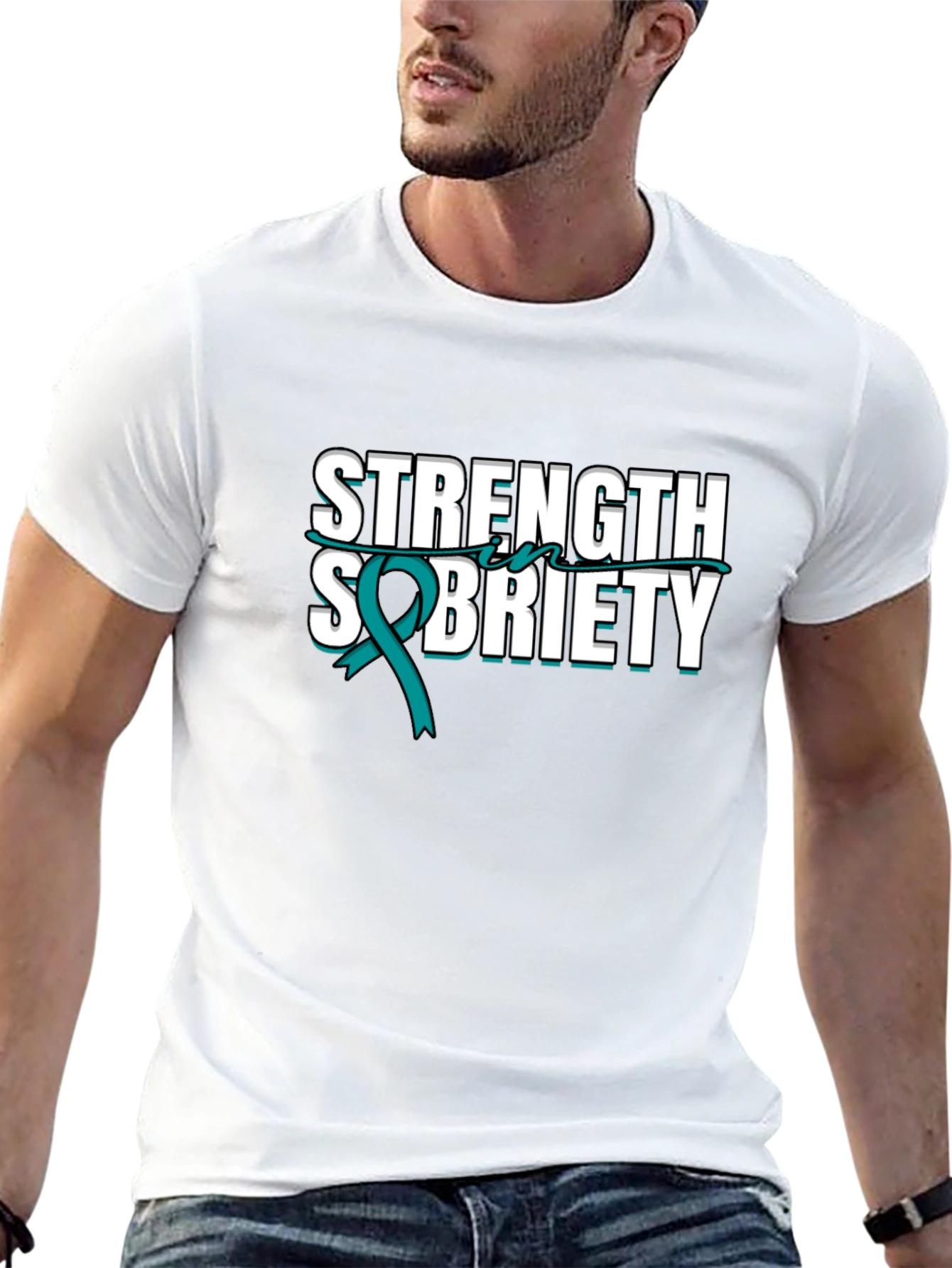 Strength Sobriety Teal Ribbon Black T-Shirt