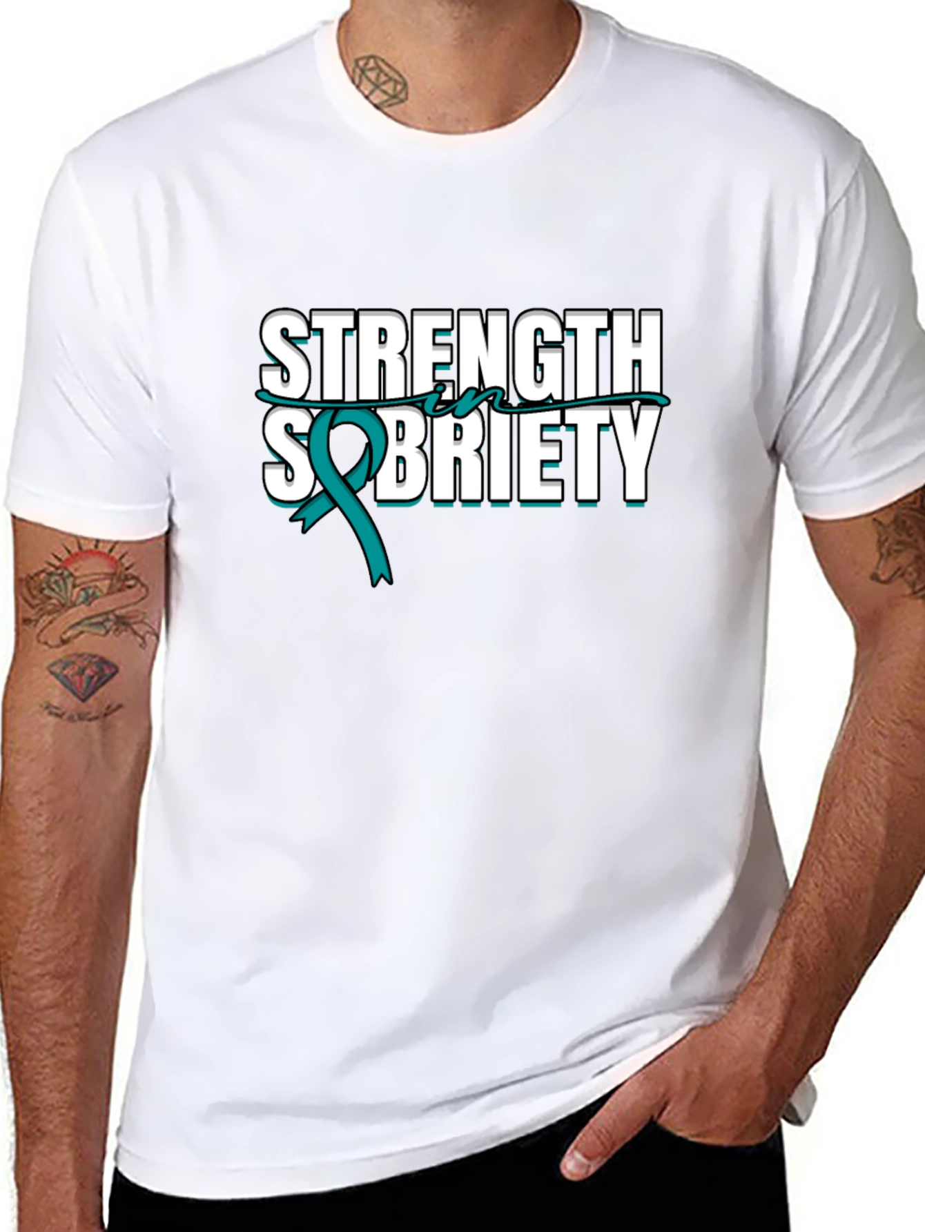Strength Sobriety Teal Ribbon Black T-Shirt