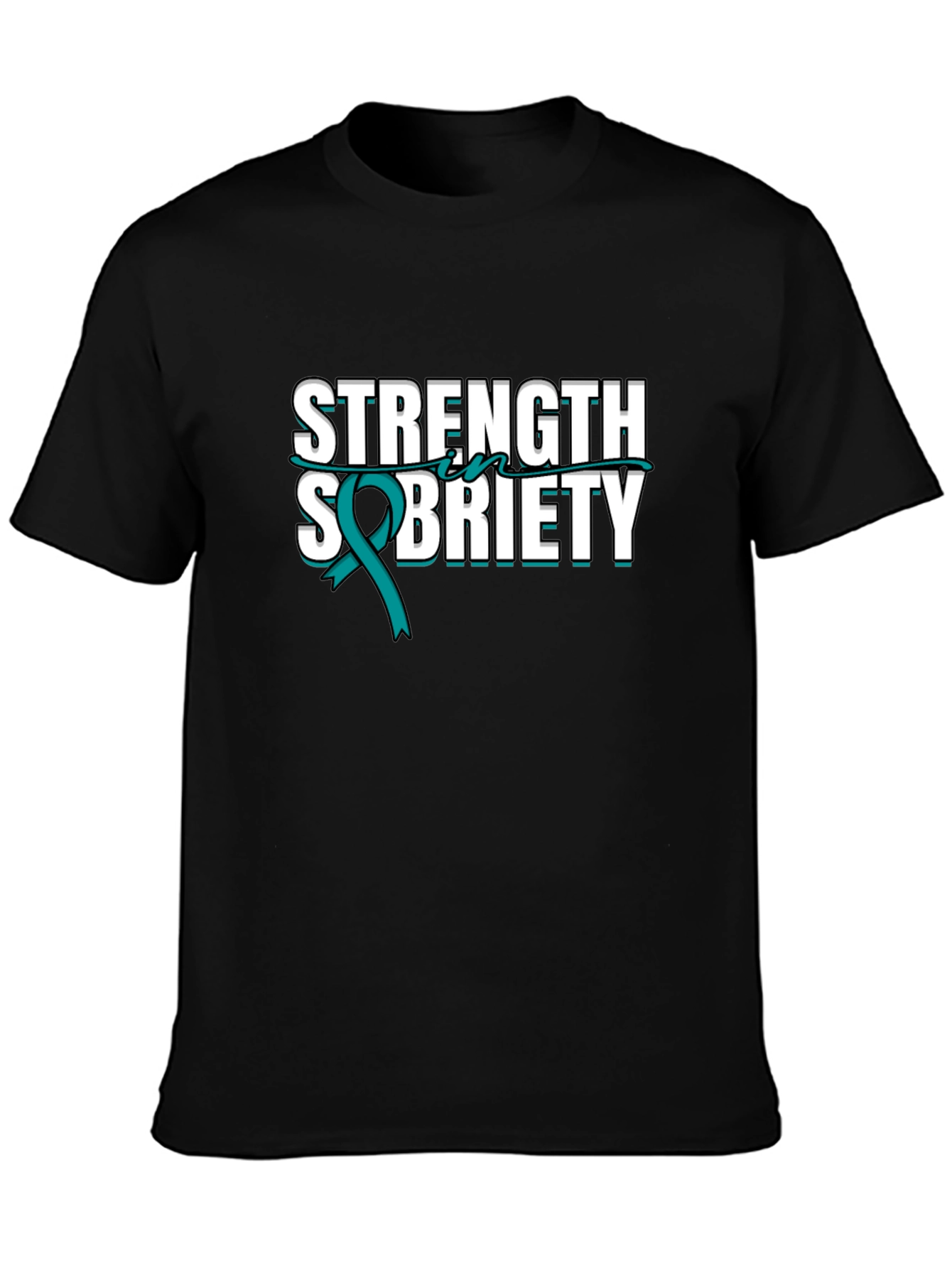 Strength Sobriety Teal Ribbon Black T-Shirt