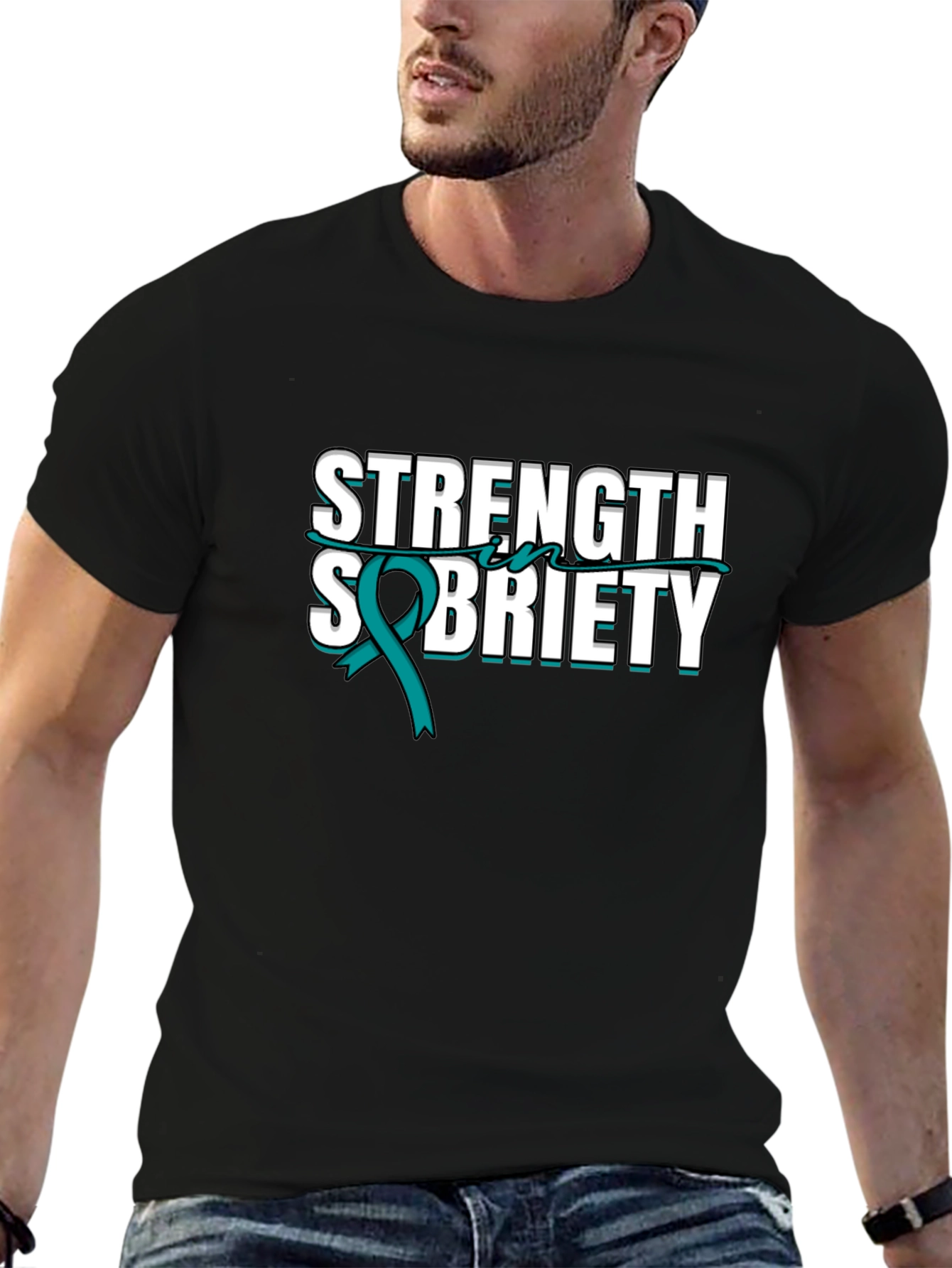 Strength Sobriety Teal Ribbon Black T-Shirt