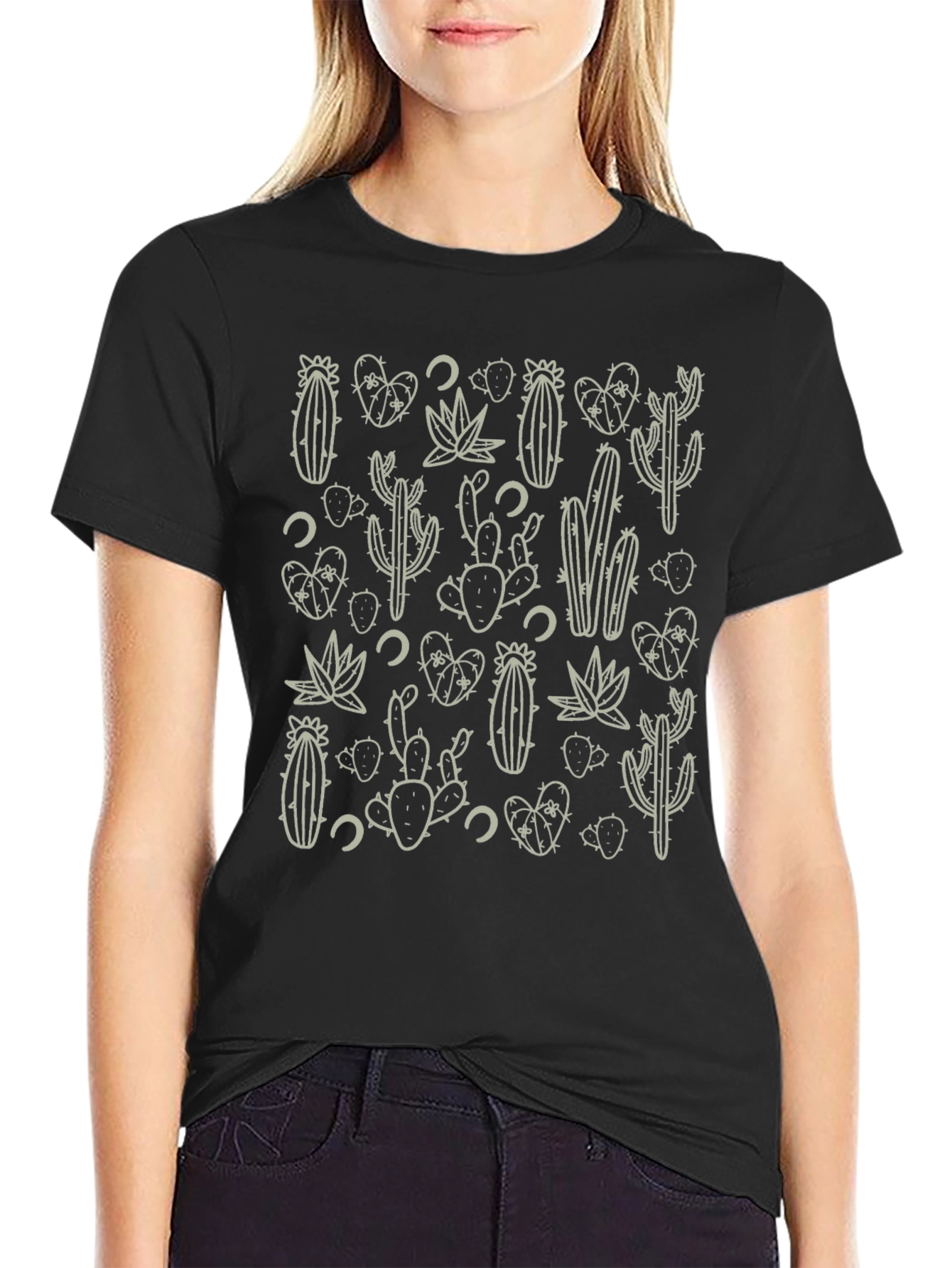 Cactus Pattern Black T-Shirt
