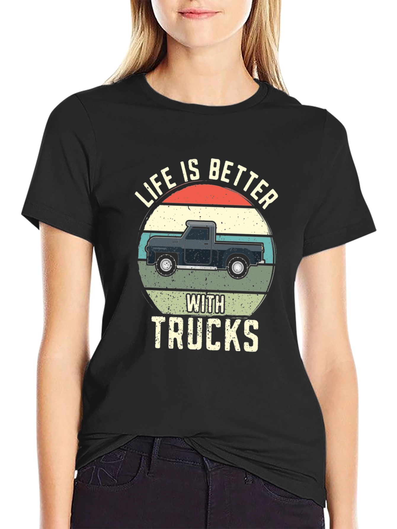 Life Is Better With Trucks Black Graphic T-Shirt