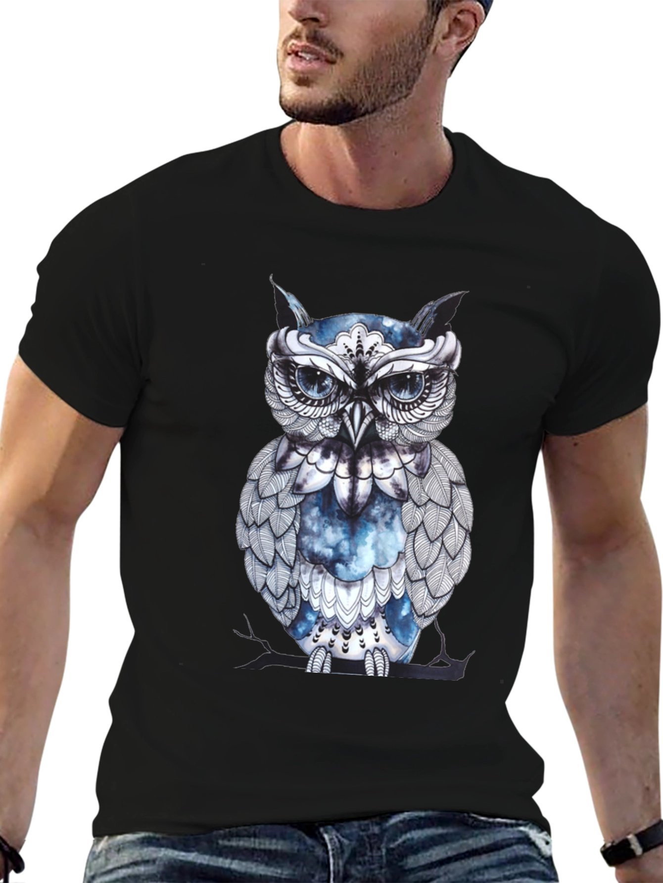 Artistic Owl Graphic Print Black T-Shirt