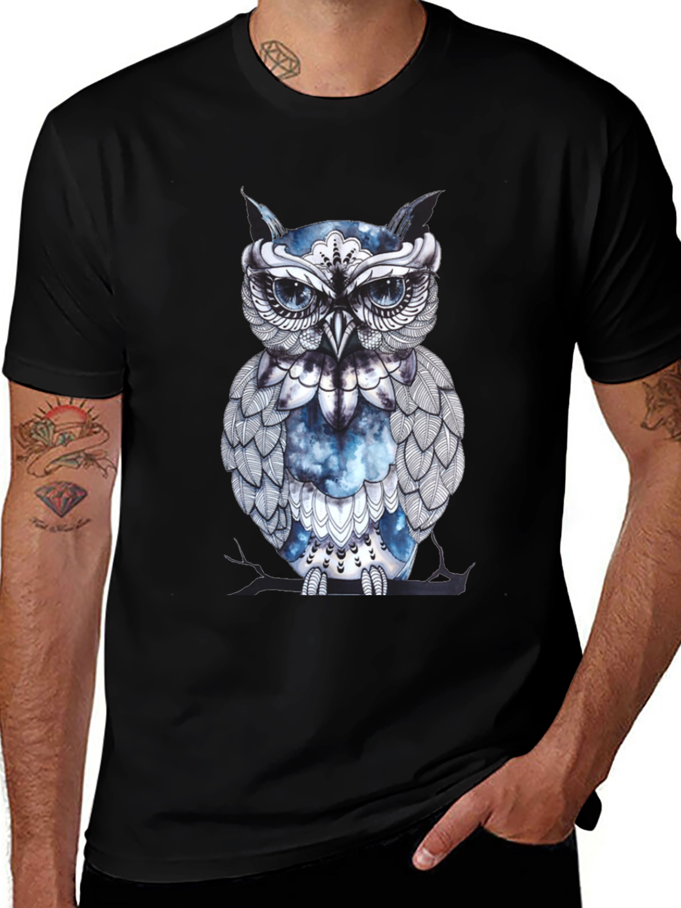 Artistic Owl Graphic Print Black T-Shirt