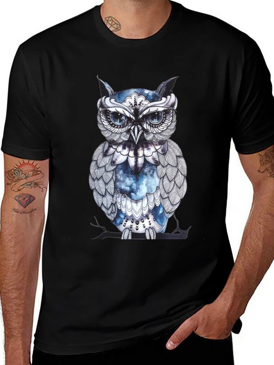Artistic Owl Graphic Print Black T-Shirt