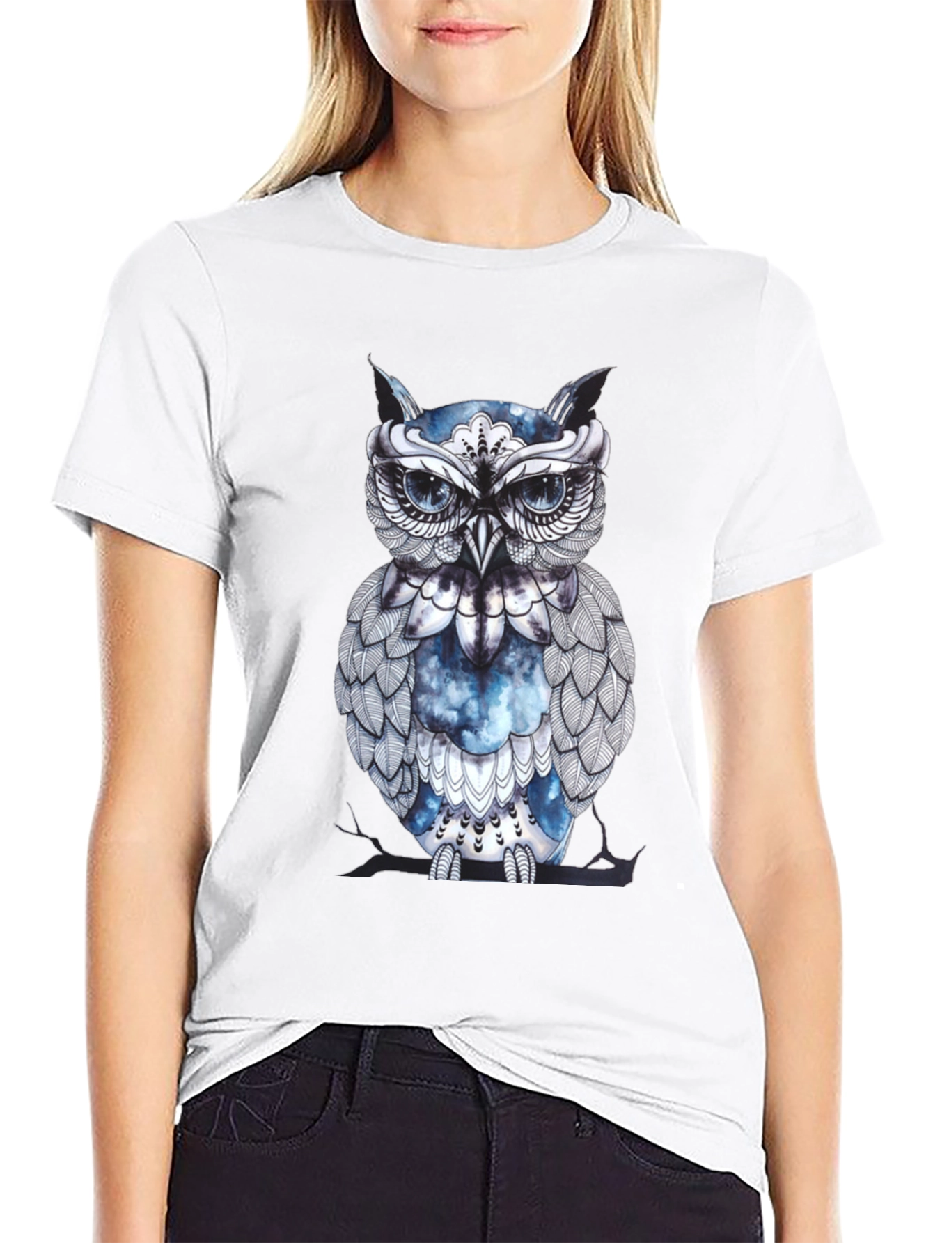 Artistic Owl Graphic Print Black T-Shirt