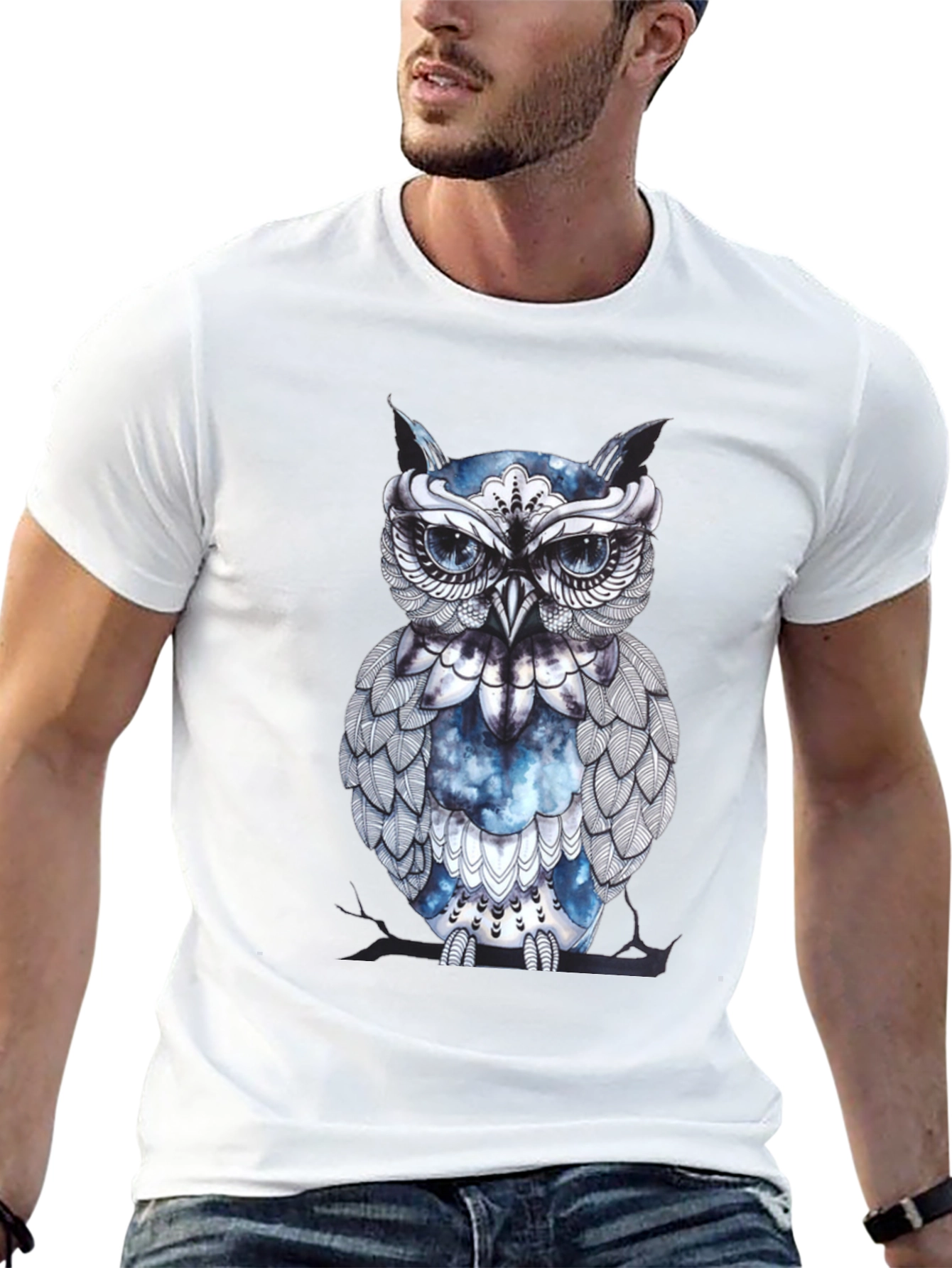 Artistic Owl Graphic Print Black T-Shirt