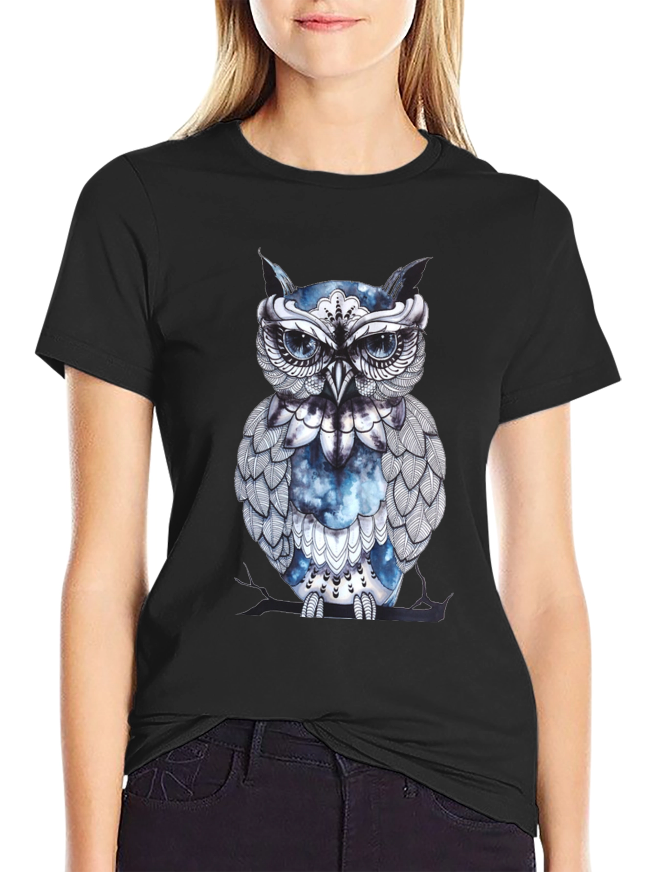 Artistic Owl Graphic Print Black T-Shirt