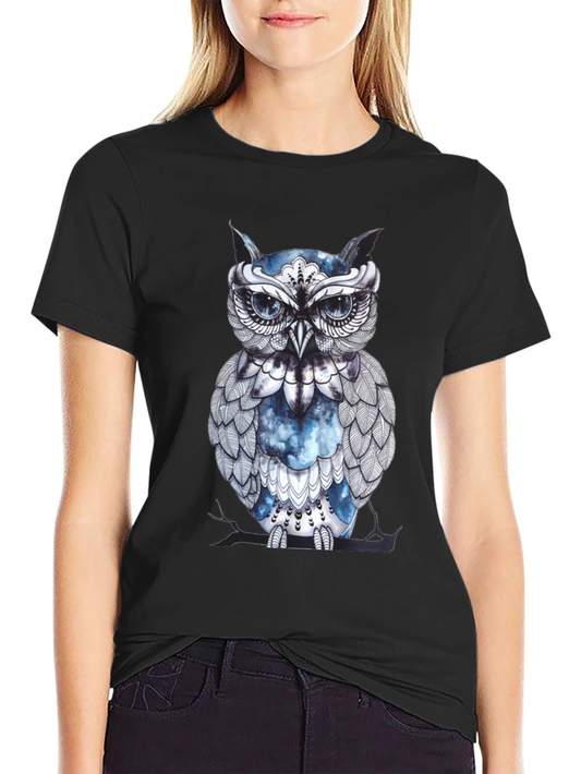 Artistic Owl Graphic Print Black T-Shirt