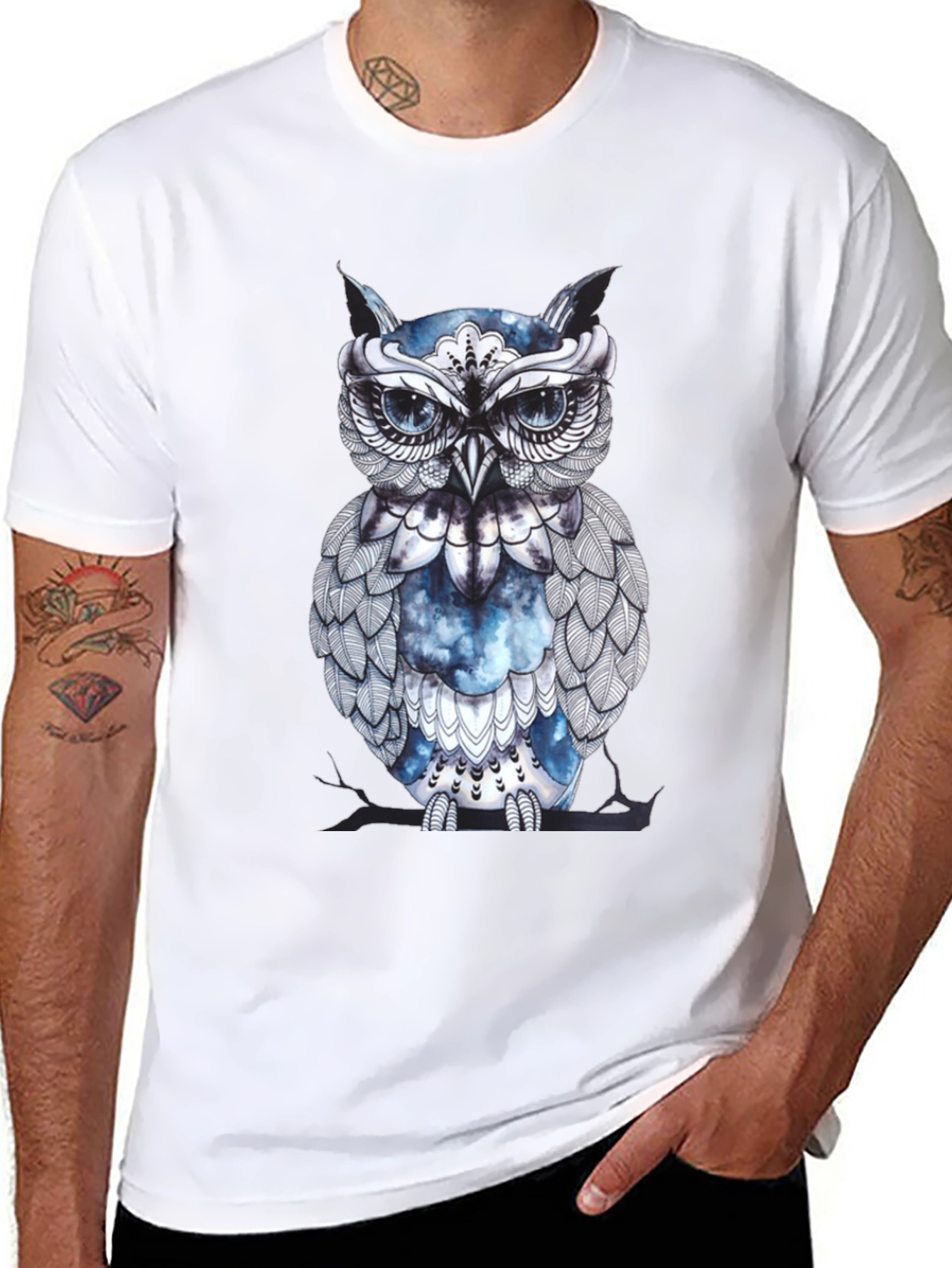 Artistic Owl Graphic Print Black T-Shirt