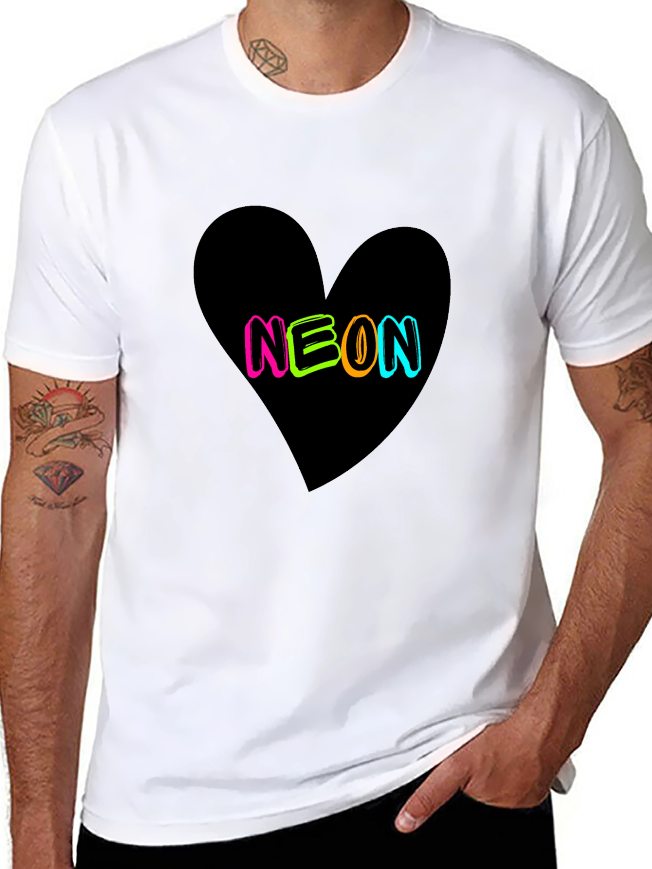 Neon Heart Graphic Tee - Casual Black T-Shirt