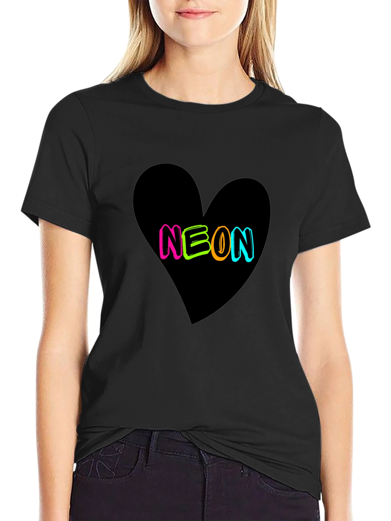 Neon Heart Graphic Tee - Casual Black T-Shirt