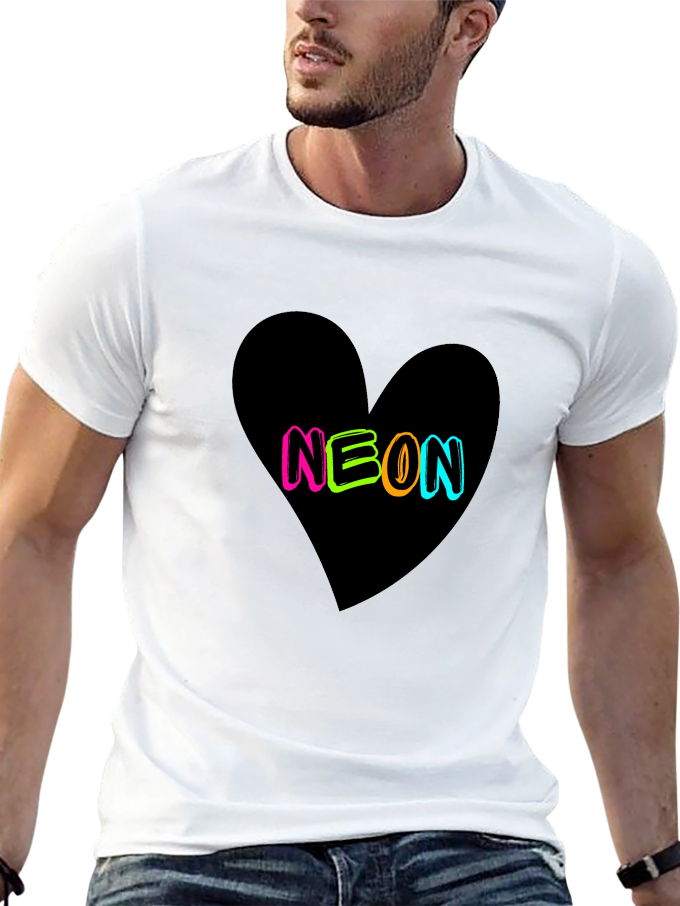 Neon Heart Graphic Tee - Casual Black T-Shirt