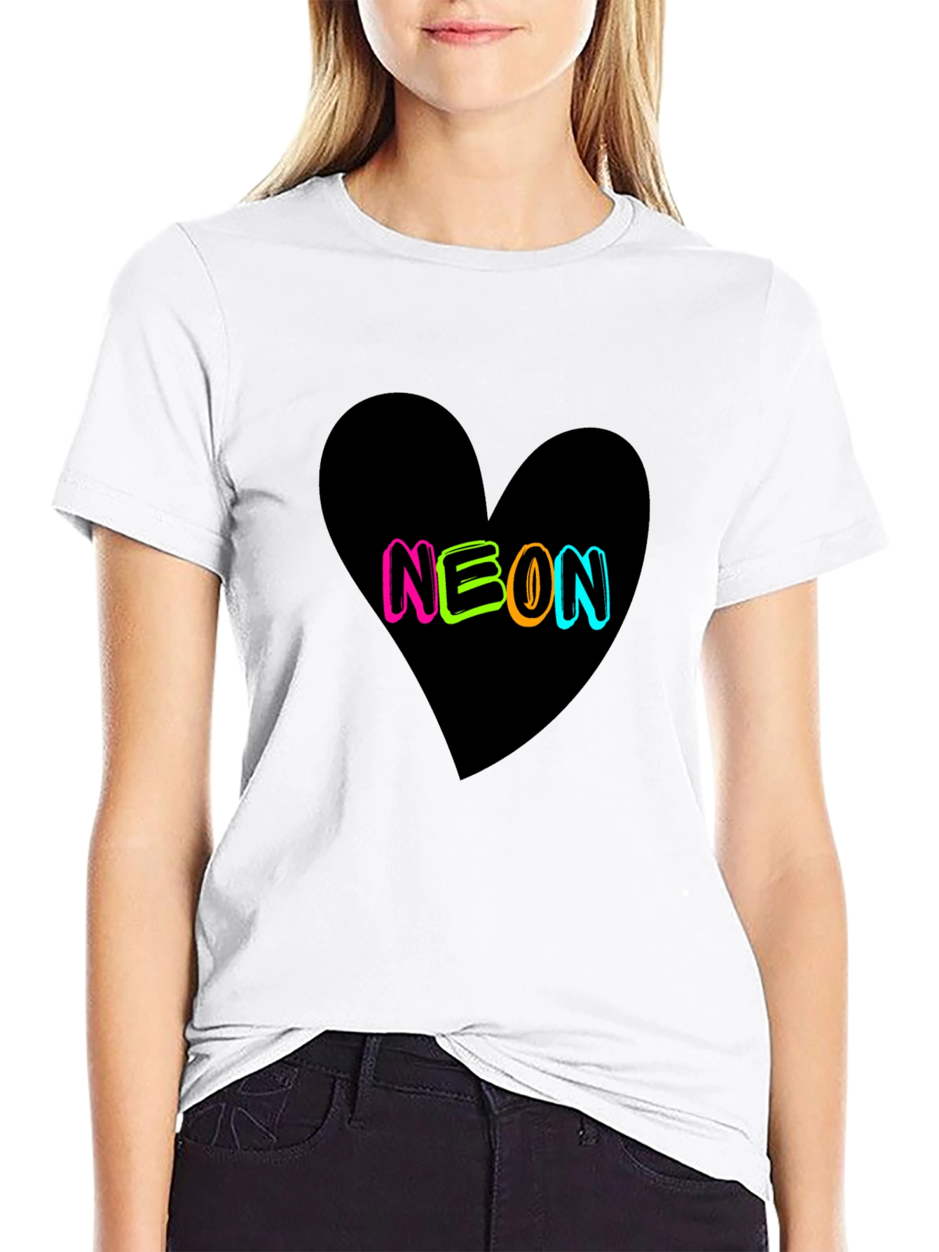 Neon Heart Graphic Tee - Casual Black T-Shirt