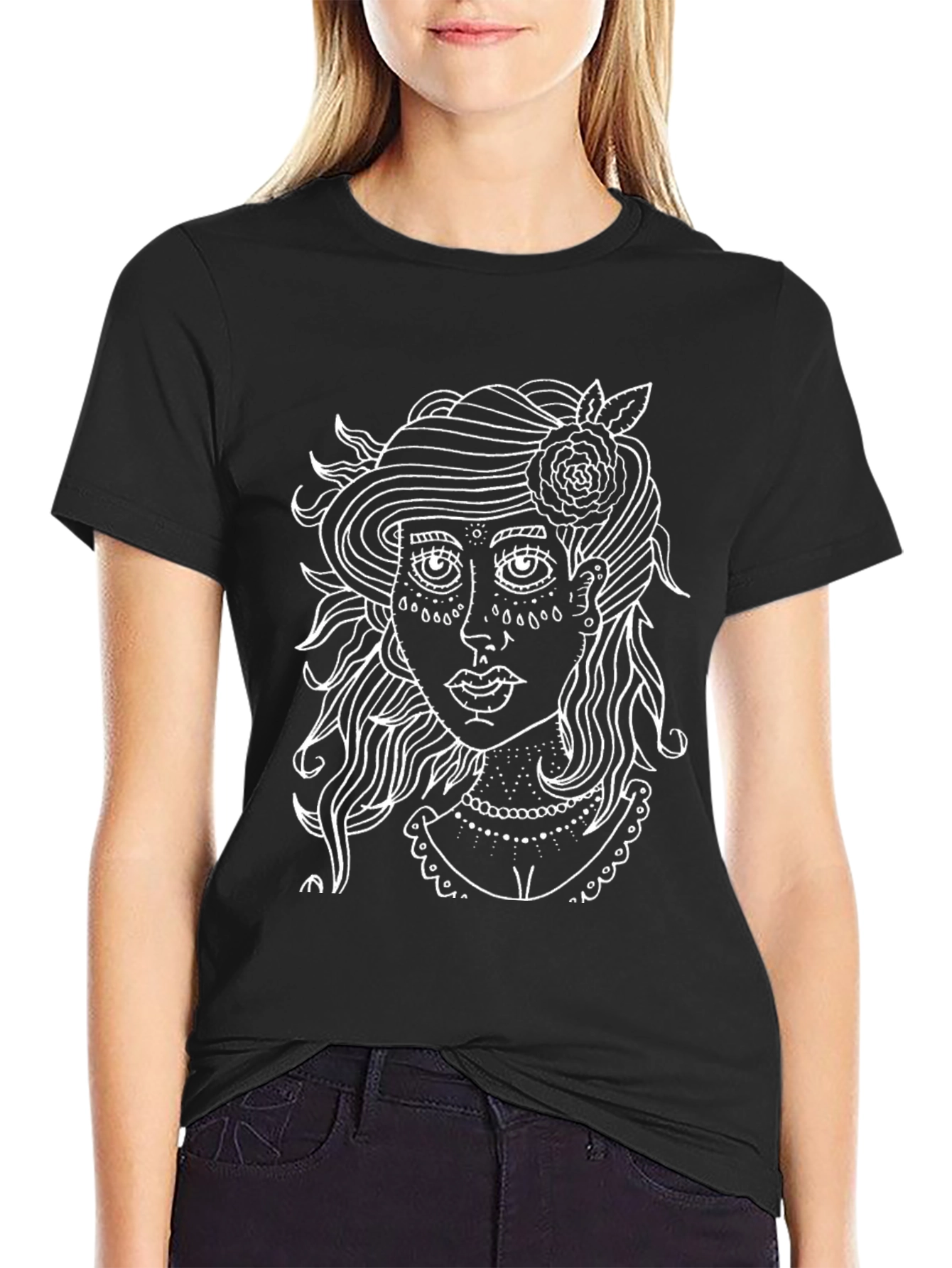 Black T-Shirt with White Girl Art