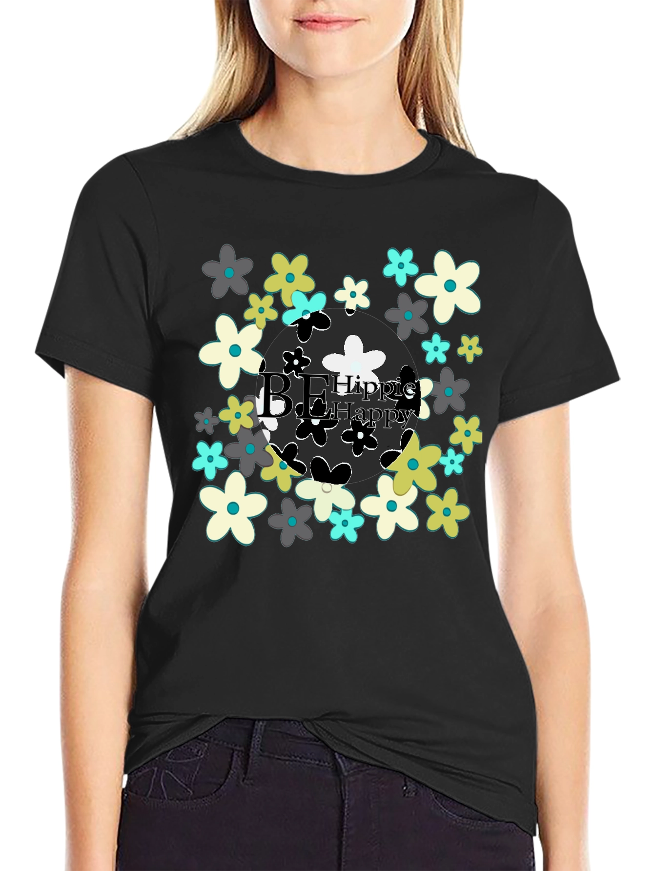 Be Hippie Be Happy Floral T-Shirt - Black