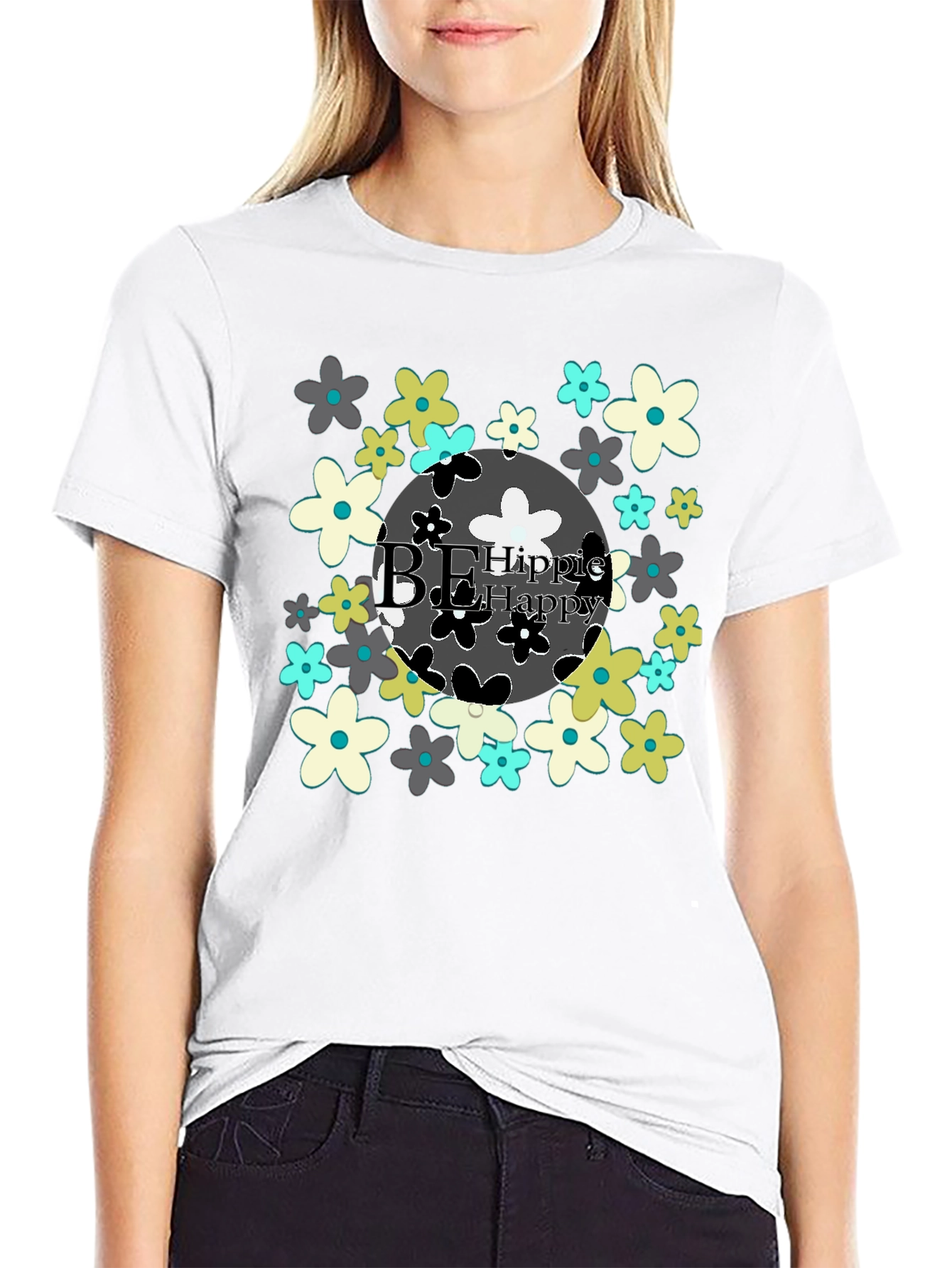 Be Hippie Be Happy Floral T-Shirt - Black