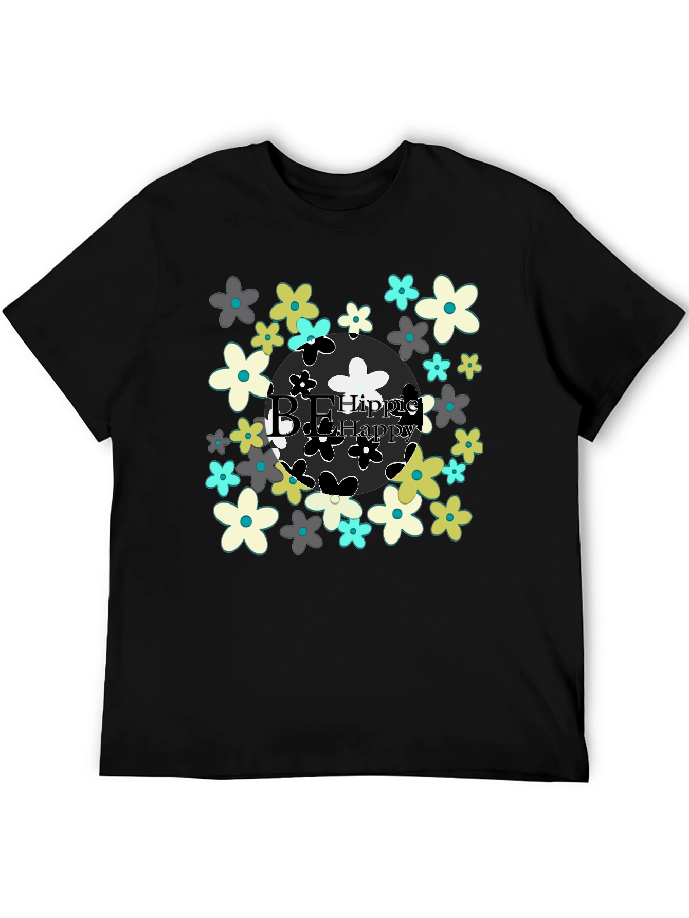 Be Hippie Be Happy Floral T-Shirt - Black