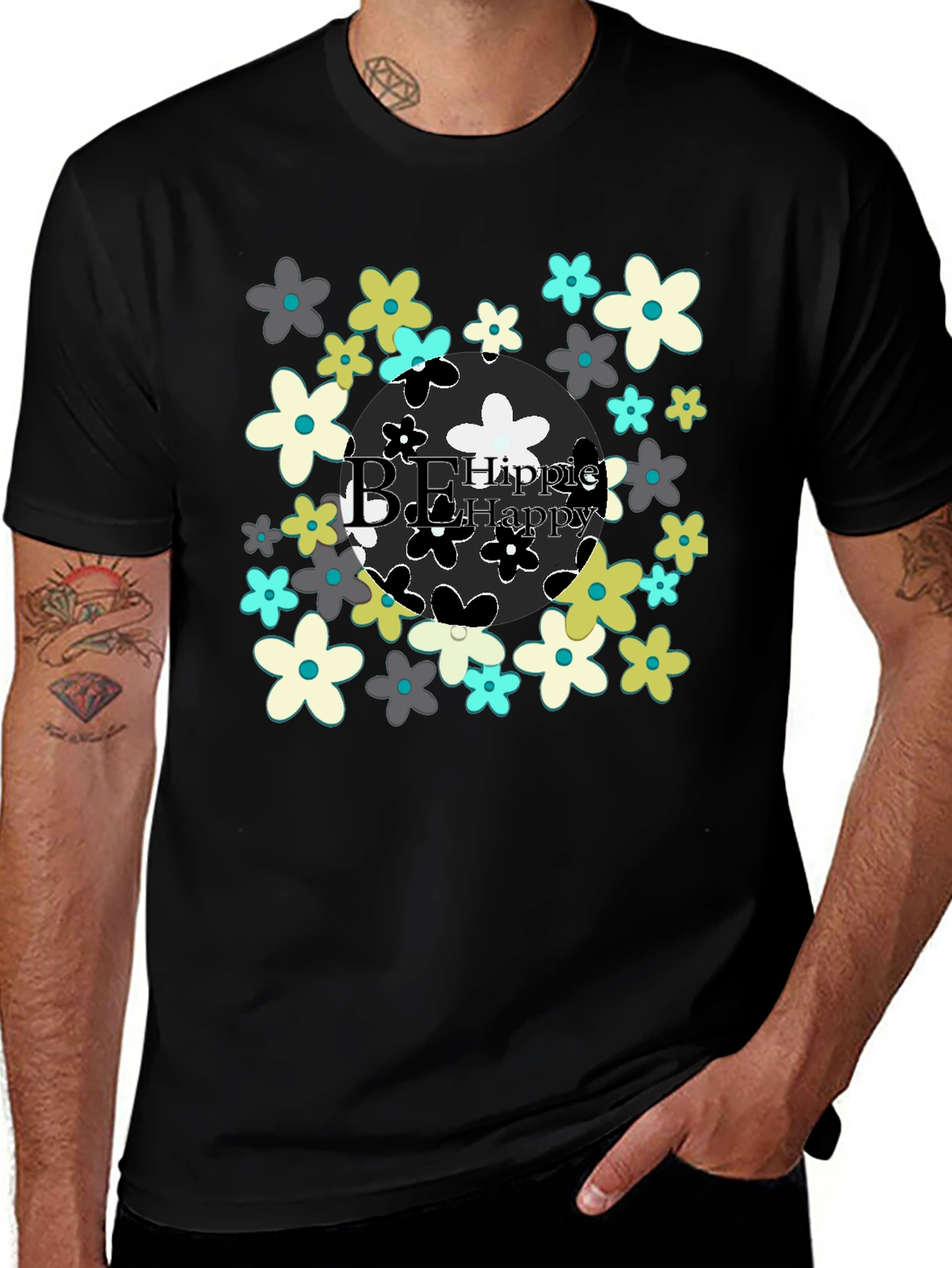 Be Hippie Be Happy Floral T-Shirt - Black