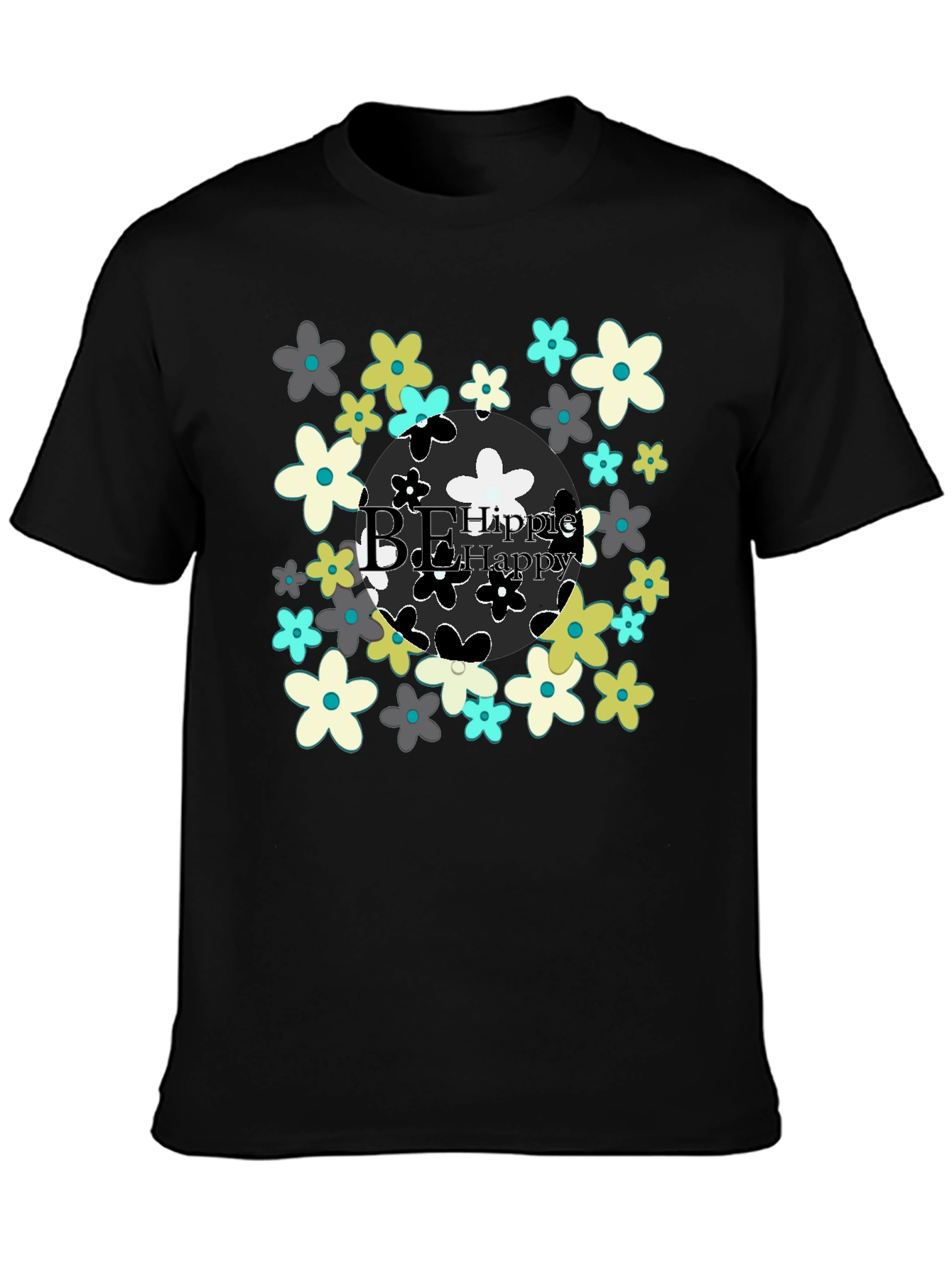 Be Hippie Be Happy Floral T-Shirt - Black