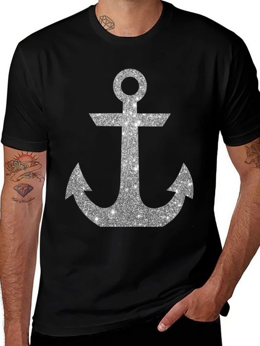 Mens Black Anchor Graphic Tee - Casual Short Sleeve Shirt