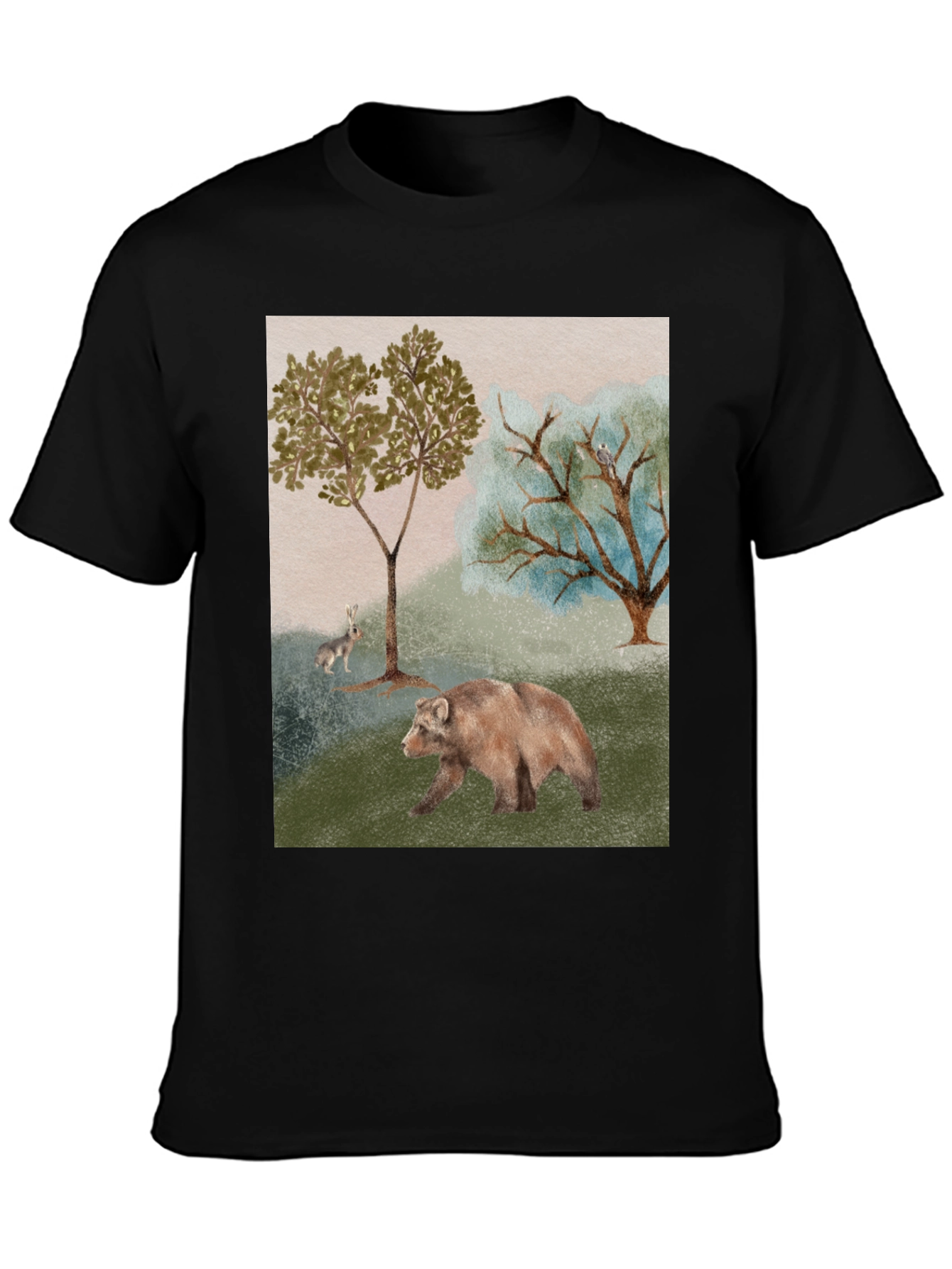 Nature Scene Black T-Shirt - Bear Rabbit and Trees