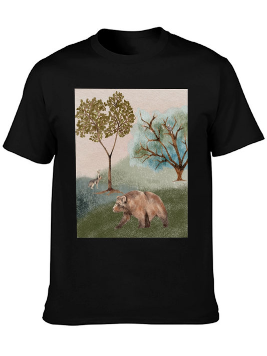 Nature Scene Black T-Shirt - Bear Rabbit and Trees