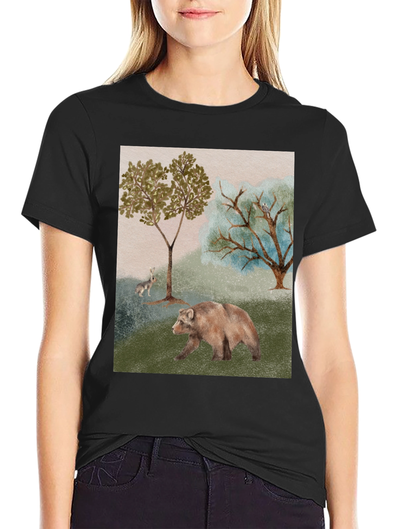 Nature Scene Black T-Shirt - Bear Rabbit and Trees