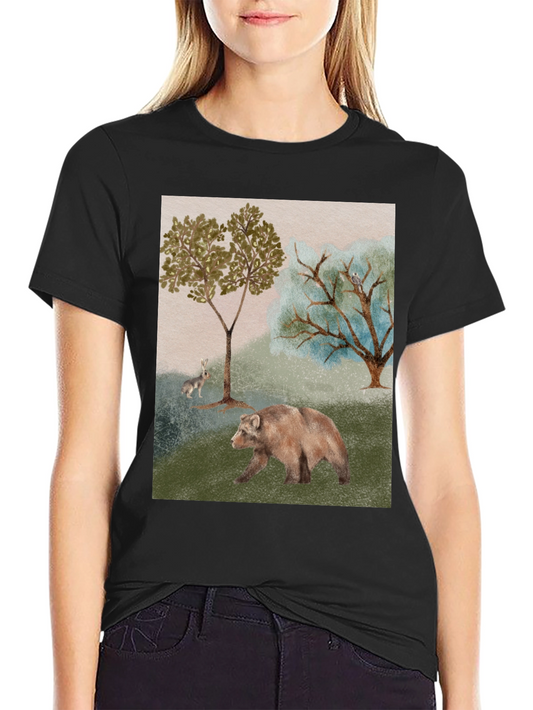 Nature Scene Black T-Shirt - Bear Rabbit and Trees