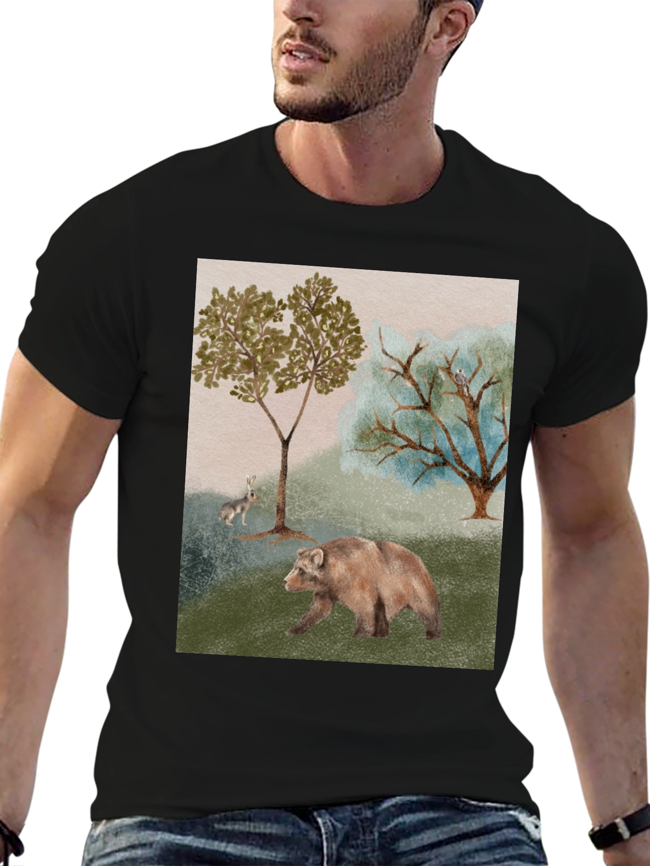 Nature Scene Black T-Shirt - Bear Rabbit and Trees