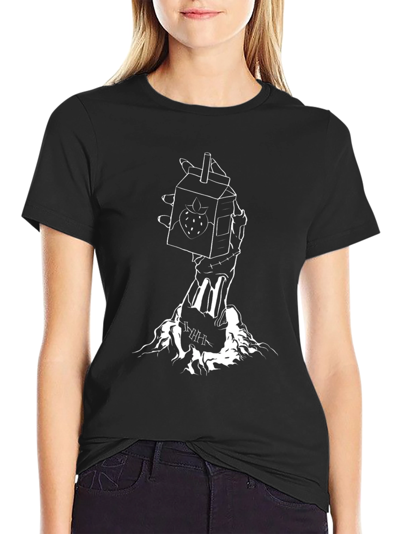 Strawberry Milk Carton Skeleton Hand Graphic Tee