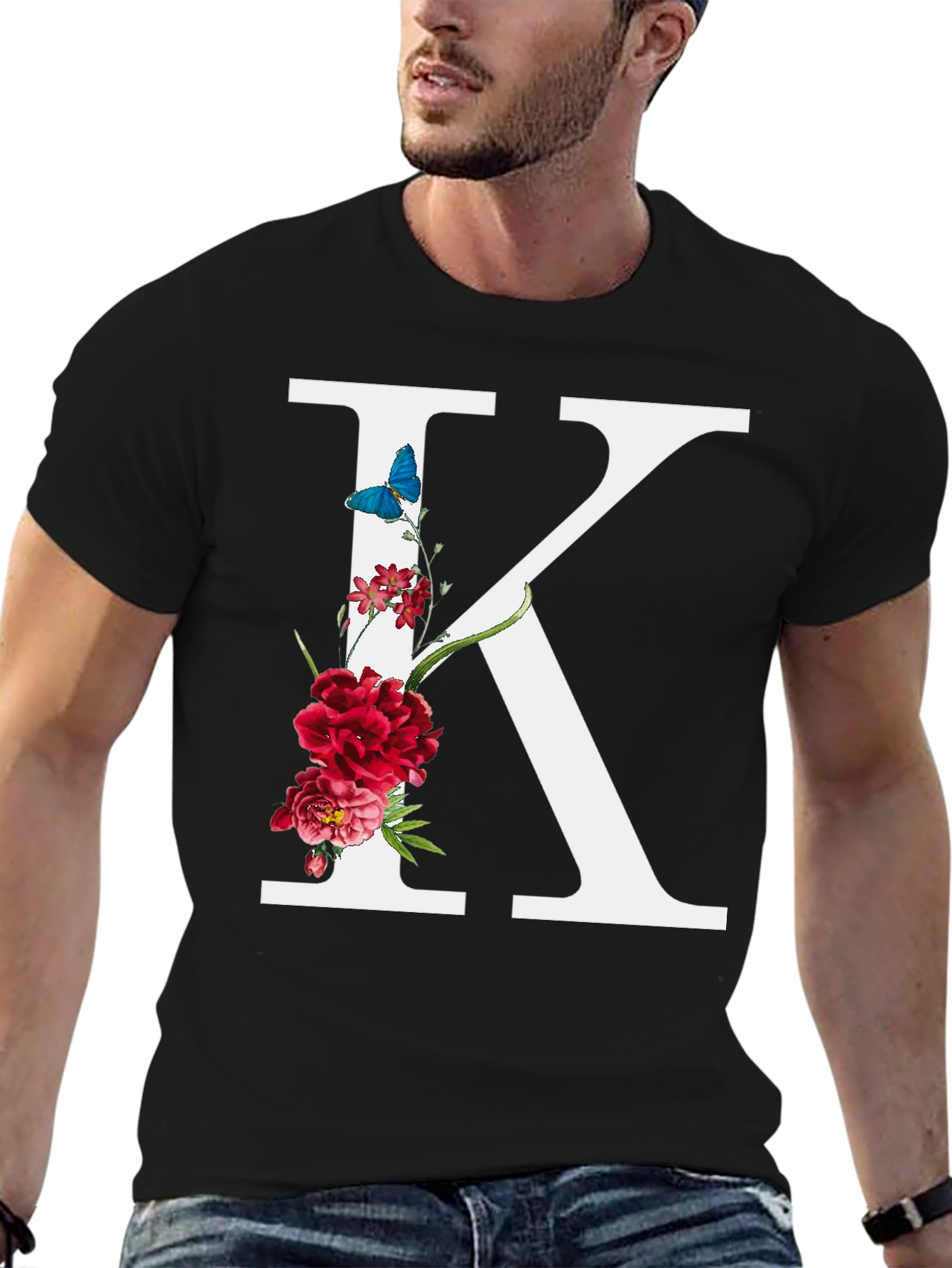 Floral Letter K Black T-Shirt