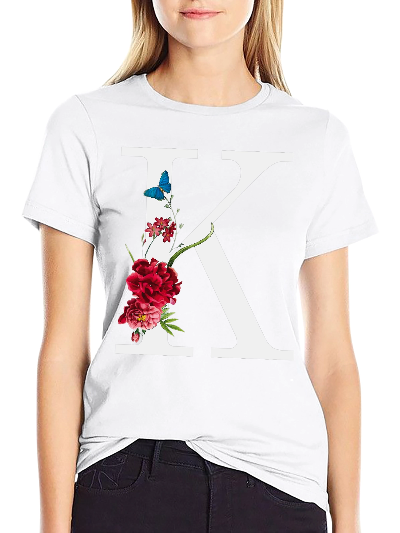 Floral Letter K Black T-Shirt