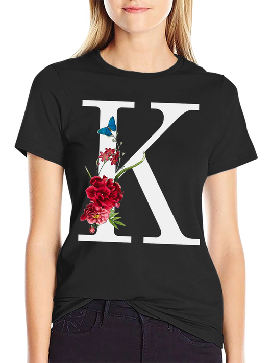 Floral Letter K Black T-Shirt