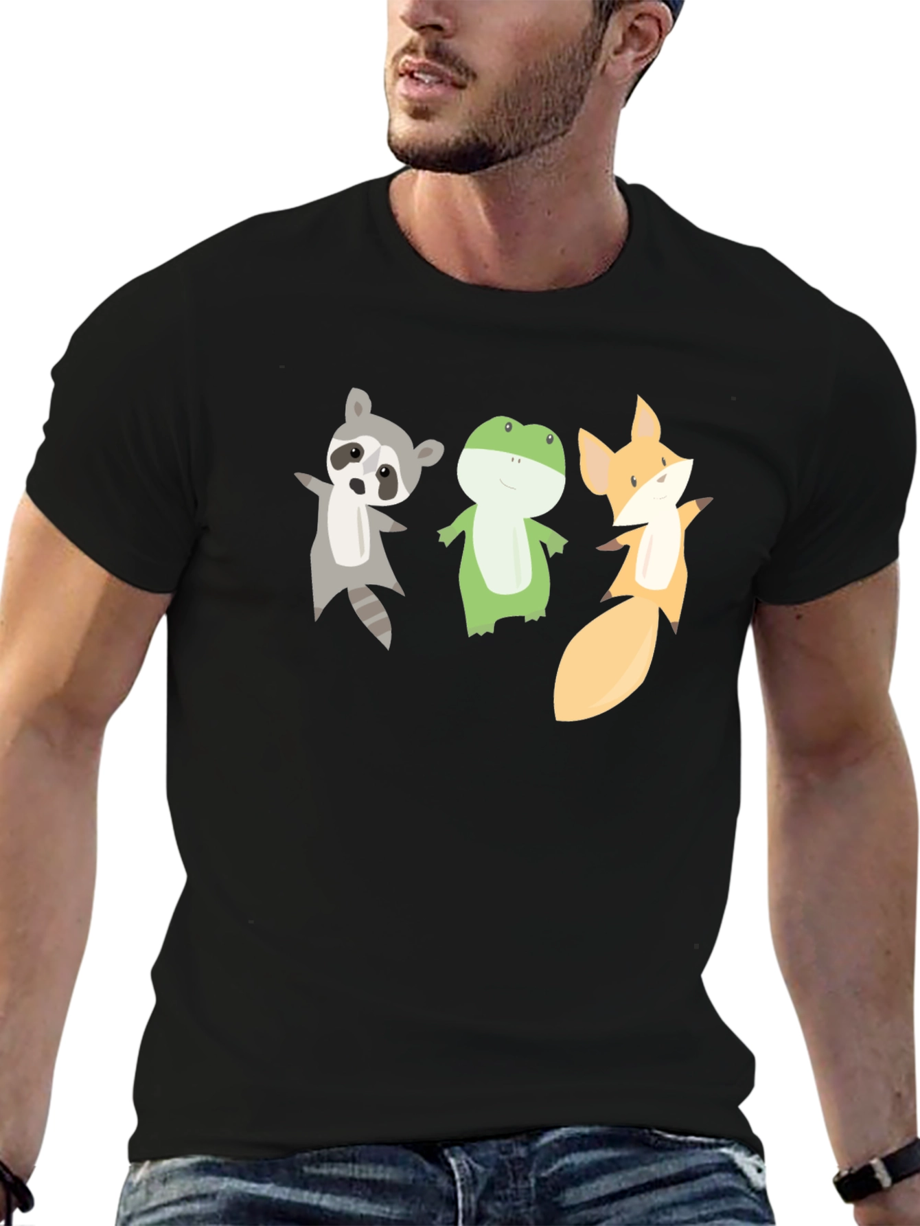 Cartoon Animal Trio Black T-Shirt