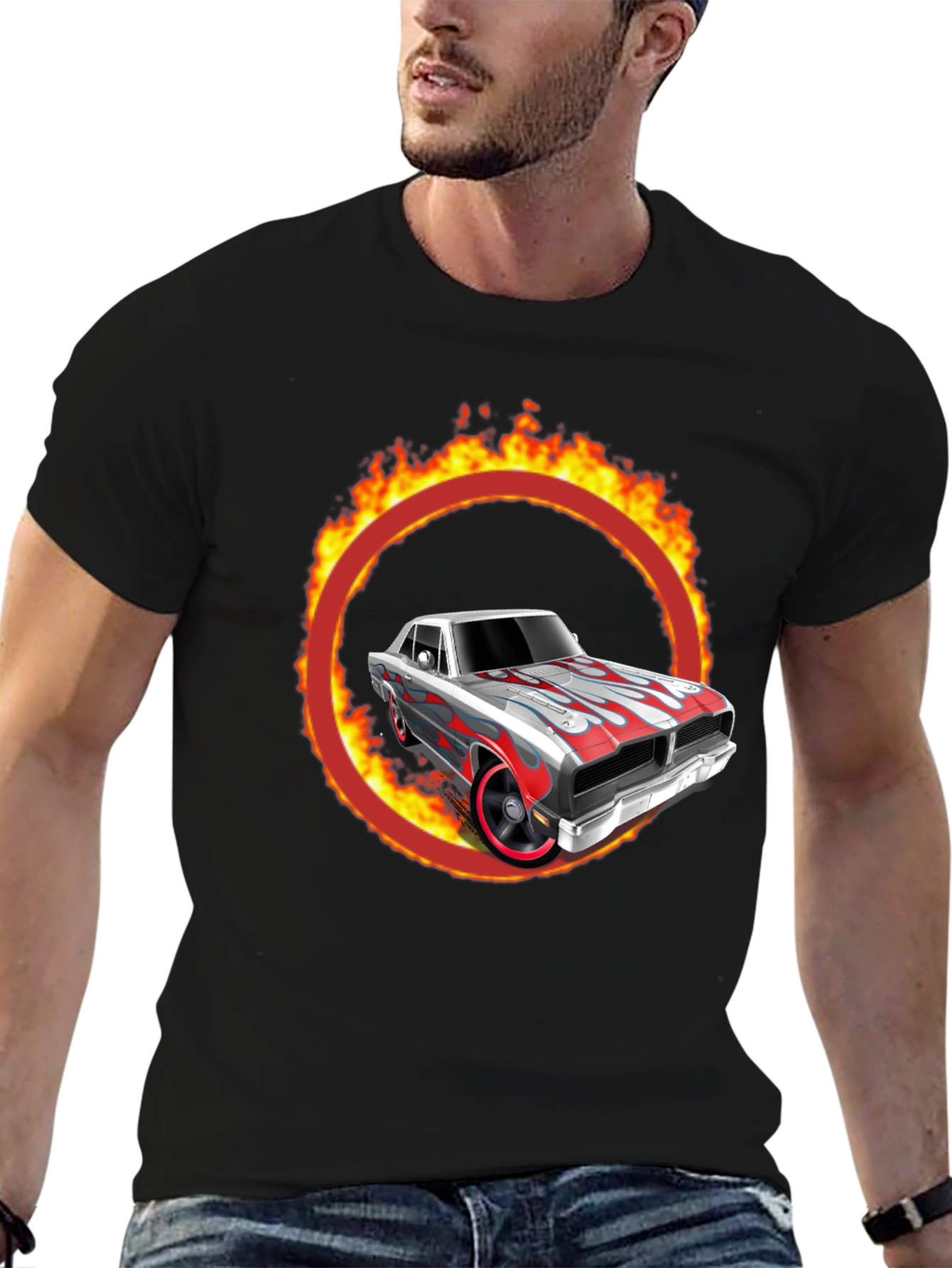 Fiery Car Graphic T-Shirt - Classic Cool