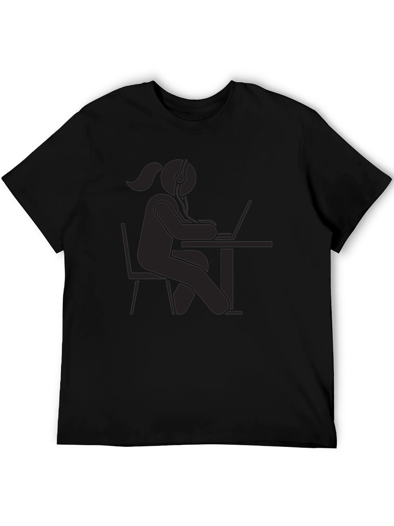 Black T-Shirt - Stick Figure Woman at Computer