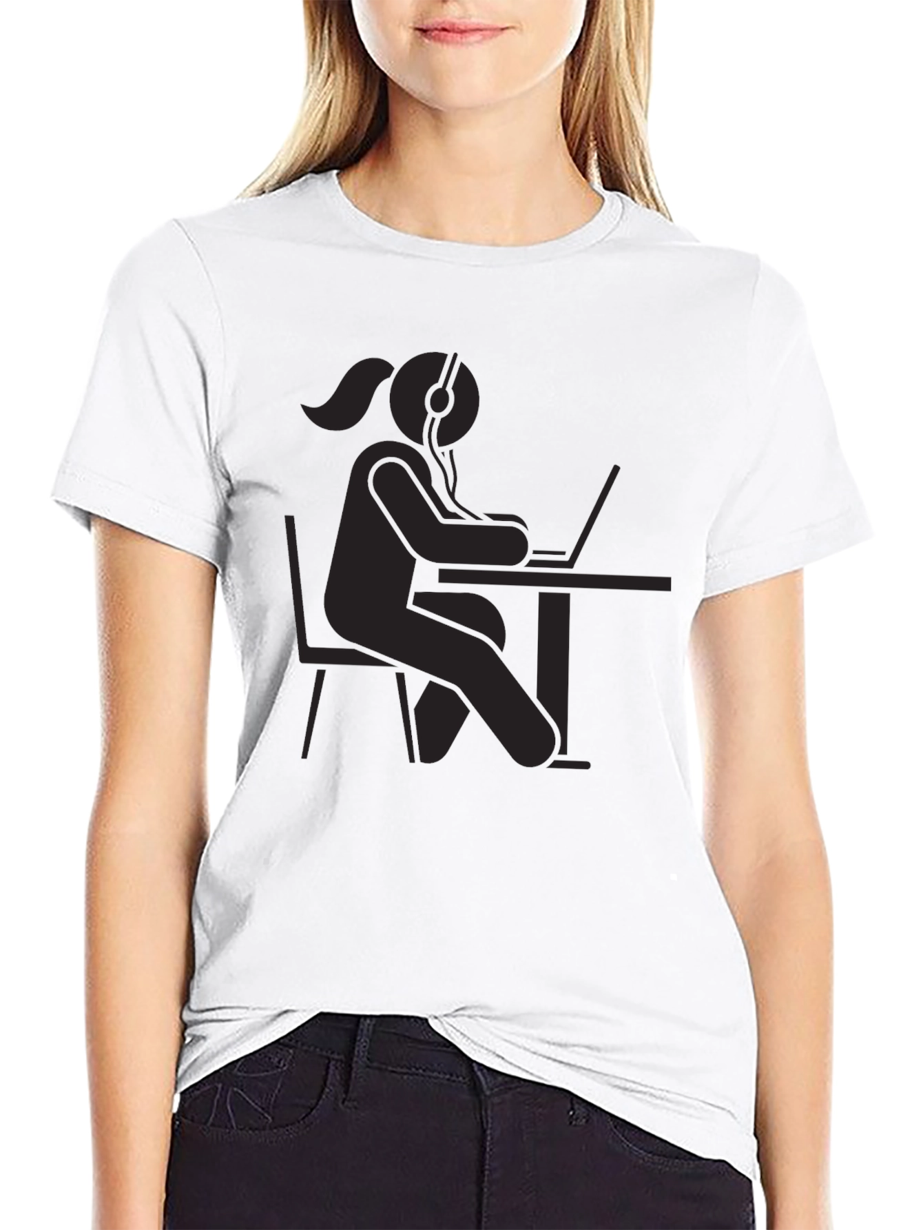 Black T-Shirt - Stick Figure Woman at Computer