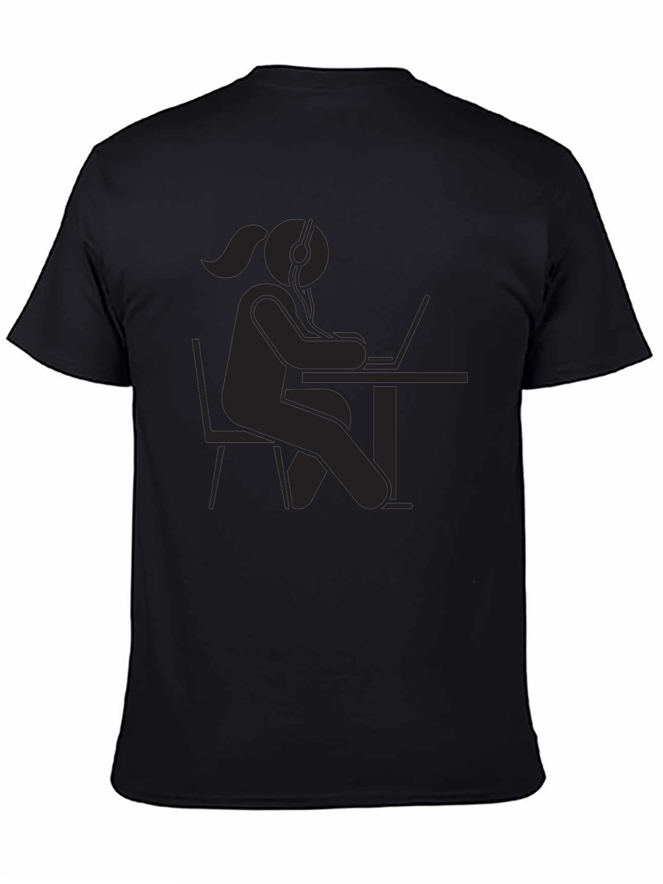 Black T-Shirt - Stick Figure Woman at Computer