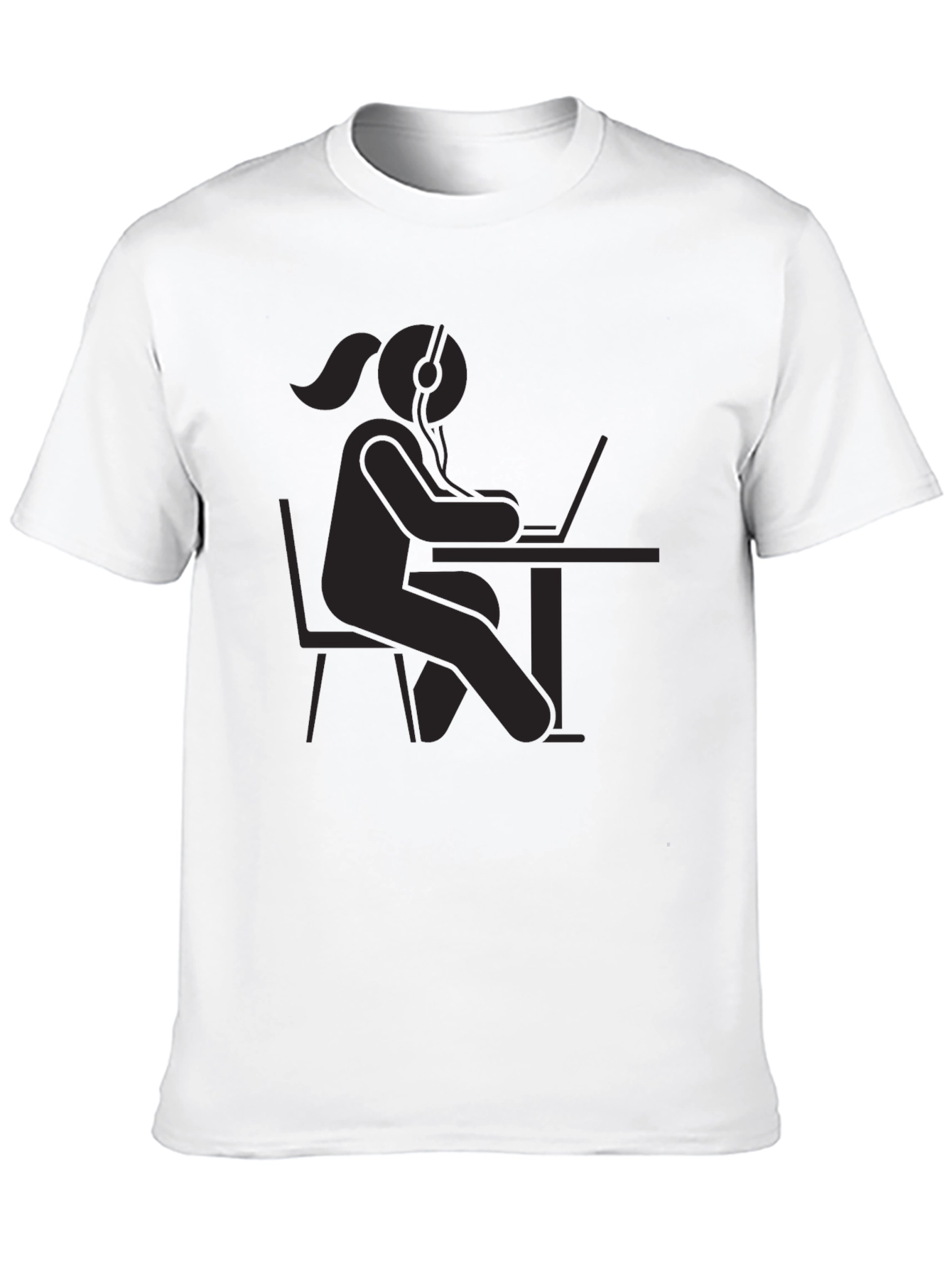 Black T-Shirt - Stick Figure Woman at Computer