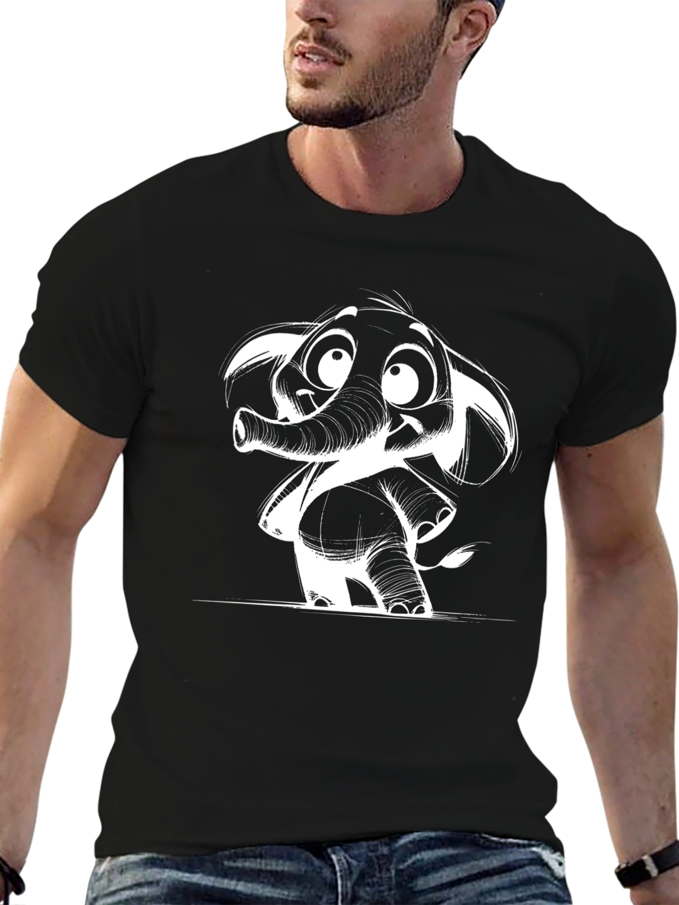 Cartoon Elephant Graphic Tee - Black Cotton Casual Shirt