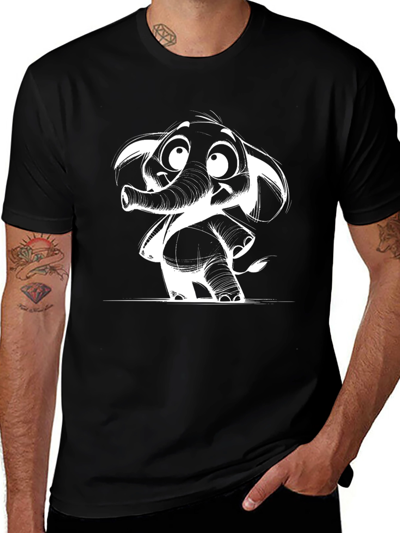 Cartoon Elephant Graphic Tee - Black Cotton Casual Shirt