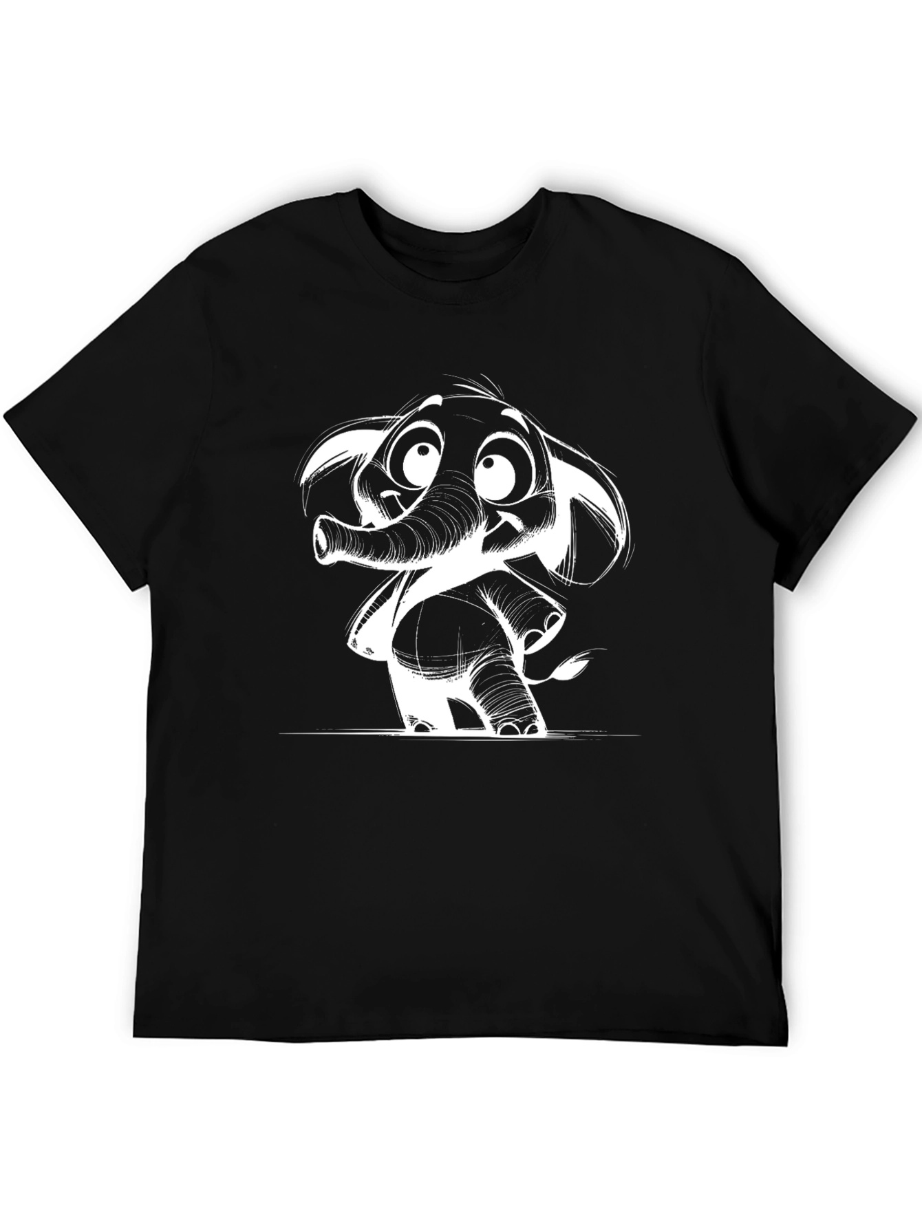 Cartoon Elephant Graphic Tee - Black Cotton Casual Shirt
