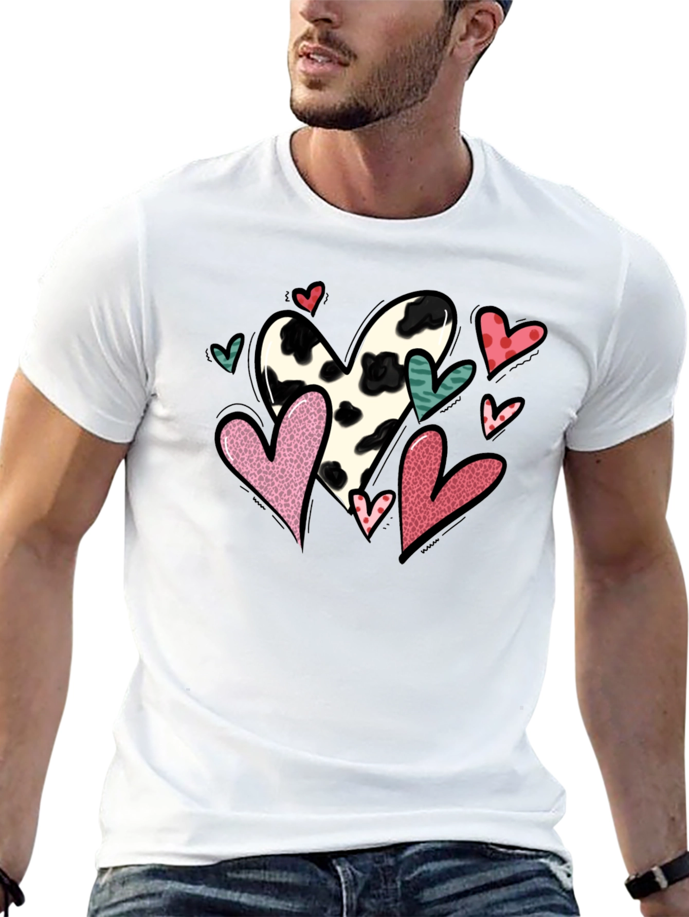 Black T-Shirt with Cow Print Heart Valentines Day Design