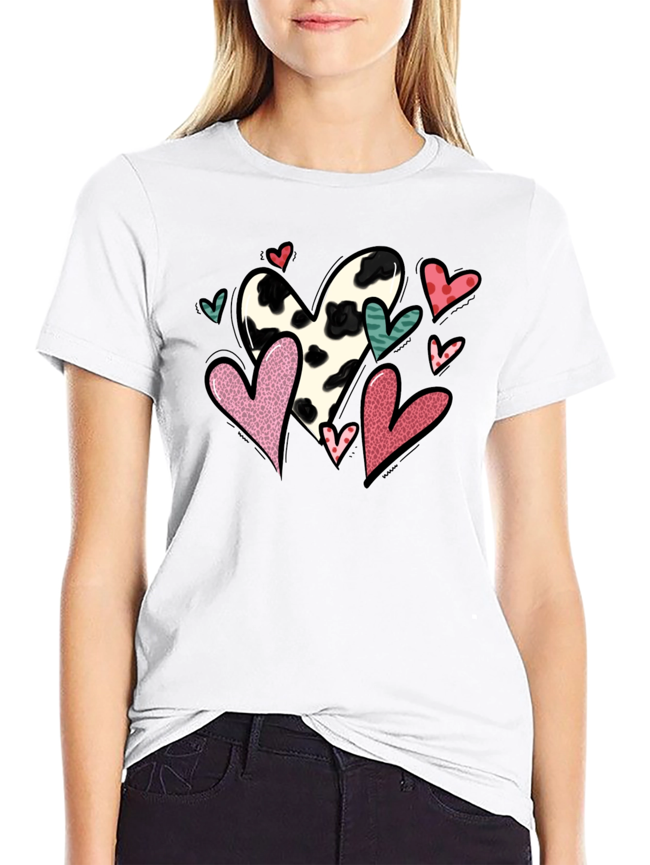 Black T-Shirt with Cow Print Heart Valentines Day Design