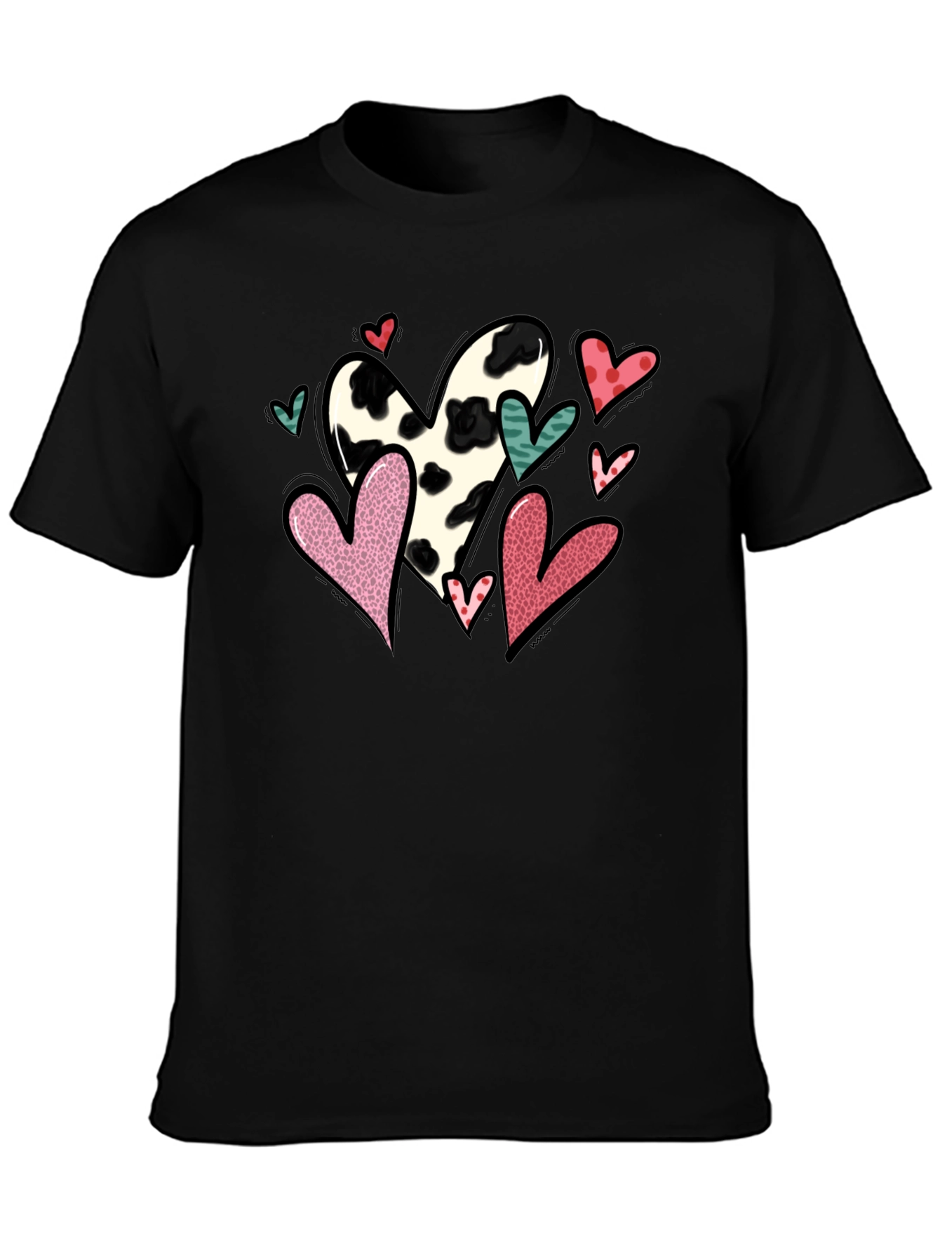 Black T-Shirt with Cow Print Heart Valentines Day Design
