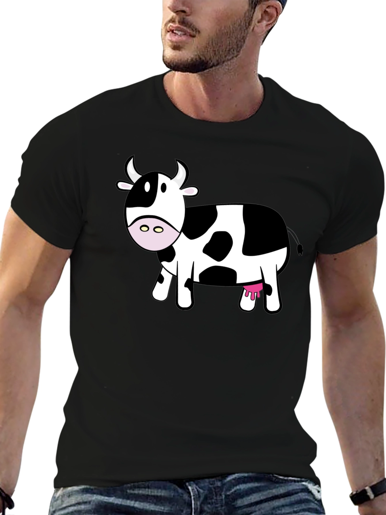 Cute Cow Graphic Tee - Black Cotton T-Shirt